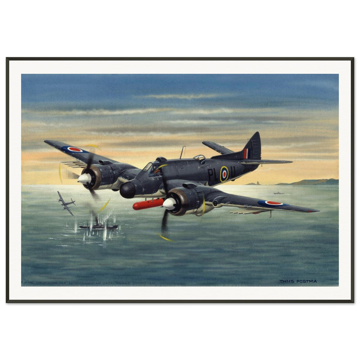 Thijs Postma - Poster - Bristol Beaufighter T.F. Mk.10 Attacking German Ships - Metal Frame Poster - Metal Frame TP Aviation Art 70x100 cm / 28x40″ 