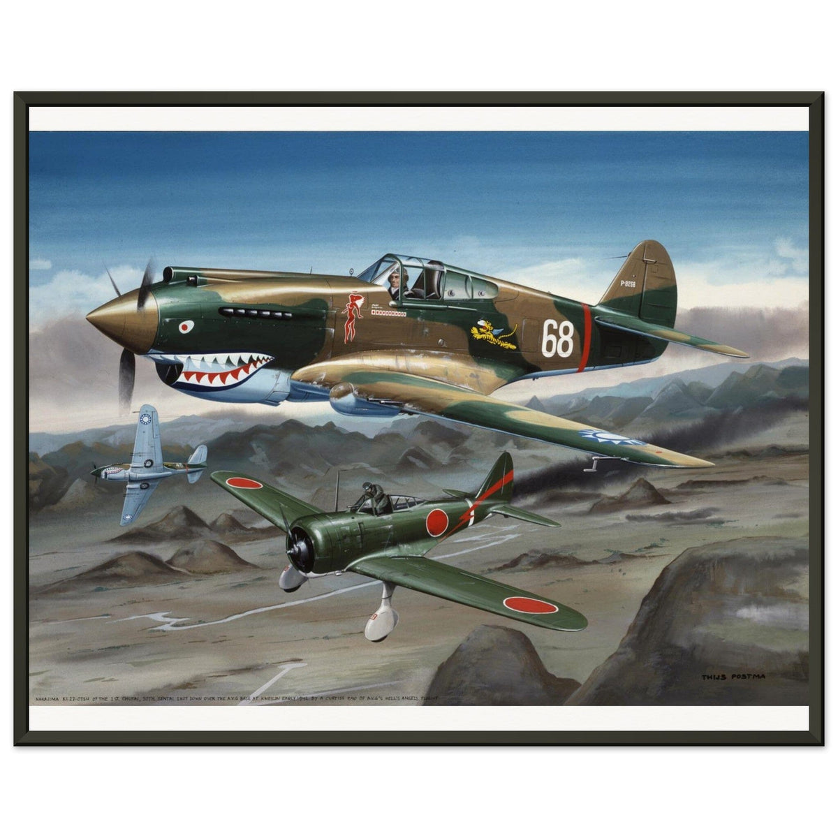 Thijs Postma - Poster - Curtiss P-40B Shooting Down a Japanese Ki-27 Otsu - Metal Frame Poster - Metal Frame TP Aviation Art 40x50 cm / 16x20″ 