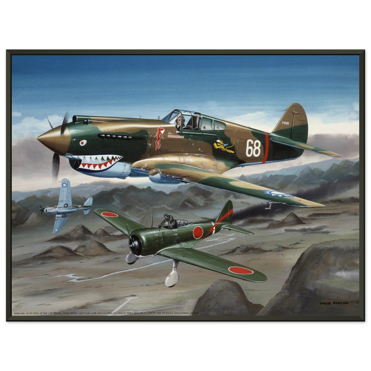 Thijs Postma - Poster - Curtiss P-40B Shooting Down a Japanese Ki-27 Otsu - Metal Frame Poster - Metal Frame TP Aviation Art 45x60 cm / 18x24″ 