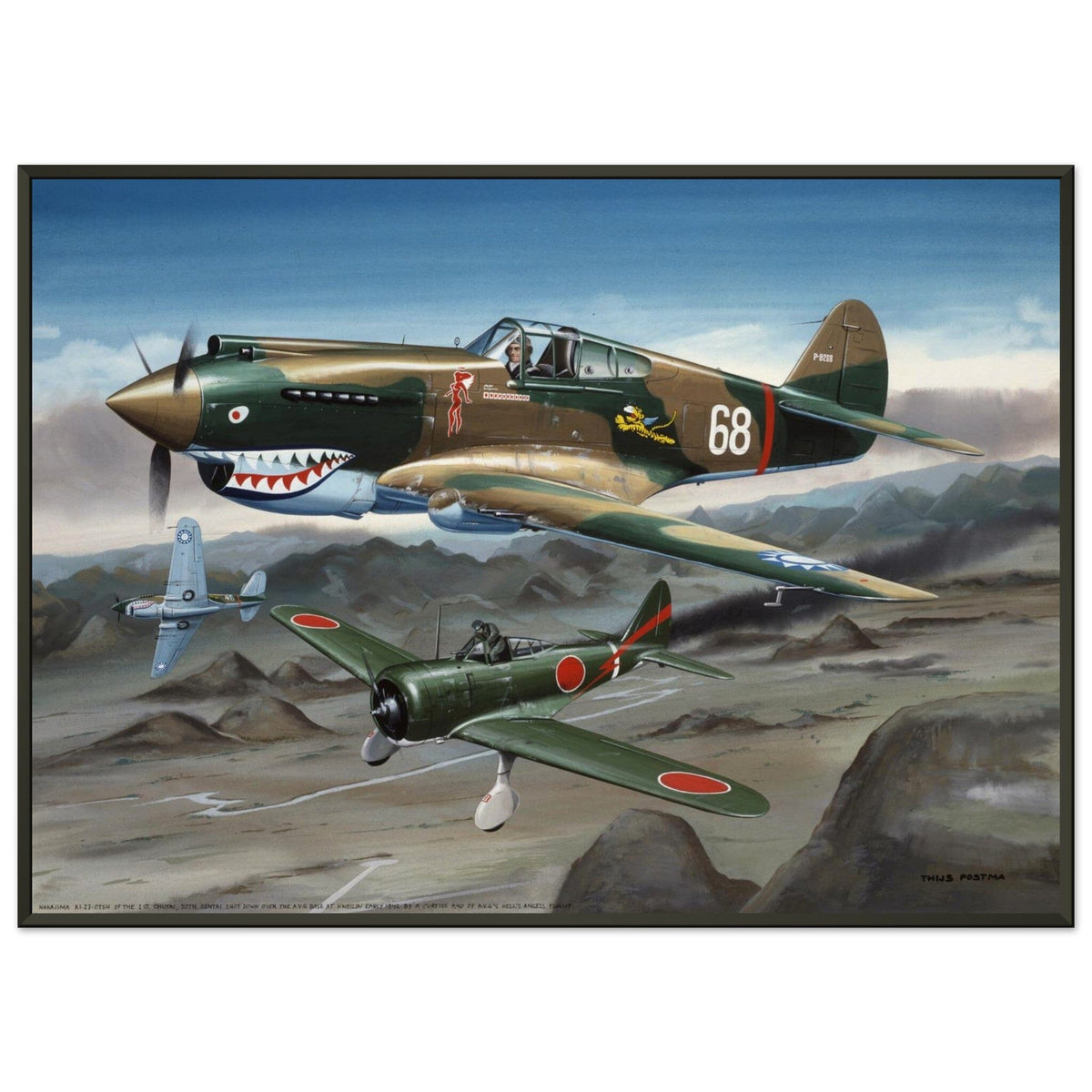 Thijs Postma - Poster - Curtiss P-40B Shooting Down a Japanese Ki-27 Otsu - Metal Frame Poster - Metal Frame TP Aviation Art 50x70 cm / 20x28″ 