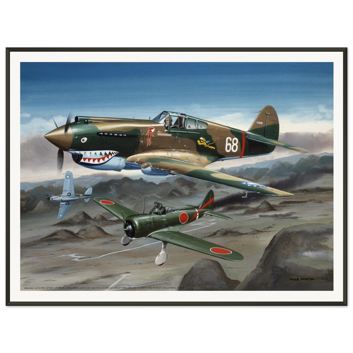 Thijs Postma - Poster - Curtiss P-40B Shooting Down a Japanese Ki-27 Otsu - Metal Frame Poster - Metal Frame TP Aviation Art 60x80 cm / 24x32″ 