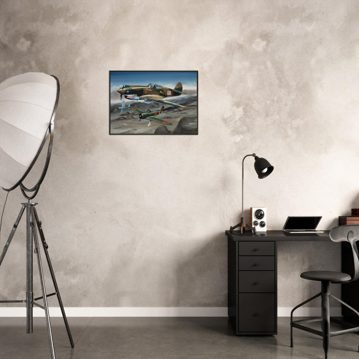 Thijs Postma - Poster - Curtiss P-40B Shooting Down a Japanese Ki-27 Otsu - Metal Frame Poster - Metal Frame TP Aviation Art 