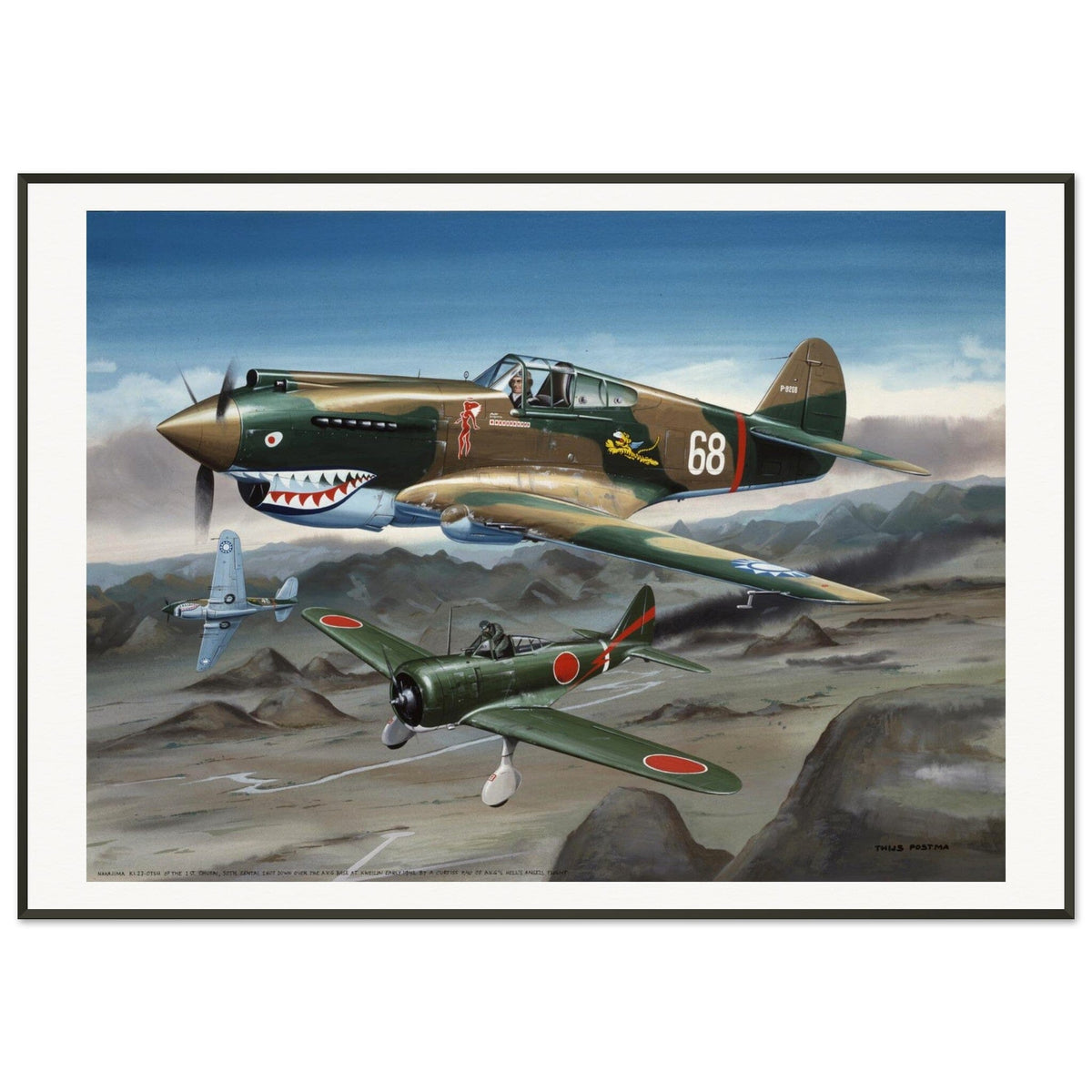 Thijs Postma - Poster - Curtiss P-40B Shooting Down a Japanese Ki-27 Otsu - Metal Frame Poster - Metal Frame TP Aviation Art 70x100 cm / 28x40″ 