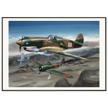 Thijs Postma - Poster - Curtiss P-40B Shooting Down a Japanese Ki-27 Otsu - Metal Frame Poster - Metal Frame TP Aviation Art 70x100 cm / 28x40″ 