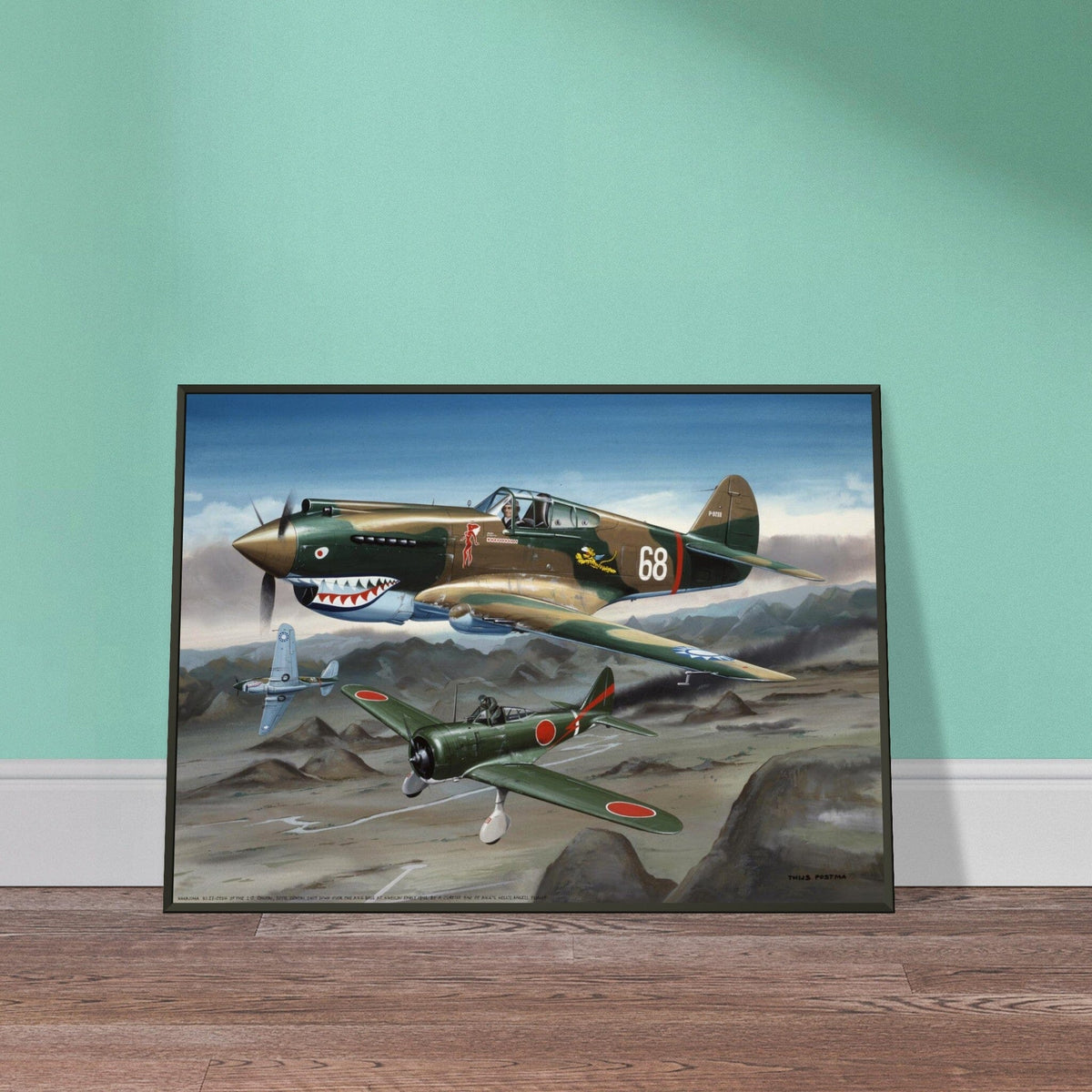 Thijs Postma - Poster - Curtiss P-40B Shooting Down a Japanese Ki-27 Otsu - Metal Frame Poster - Metal Frame TP Aviation Art 