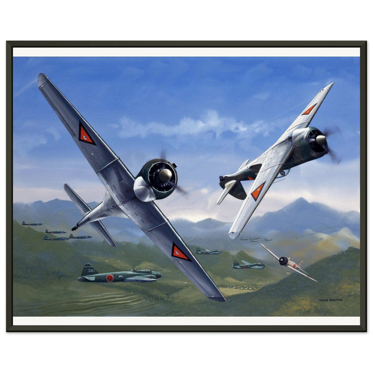 Thijs Postma - Poster - Curtiss-Wright CW-21 Demon Interceptors Hitting Japanese - Metal Frame Poster - Metal Frame TP Aviation Art 40x50 cm / 16x20″ 