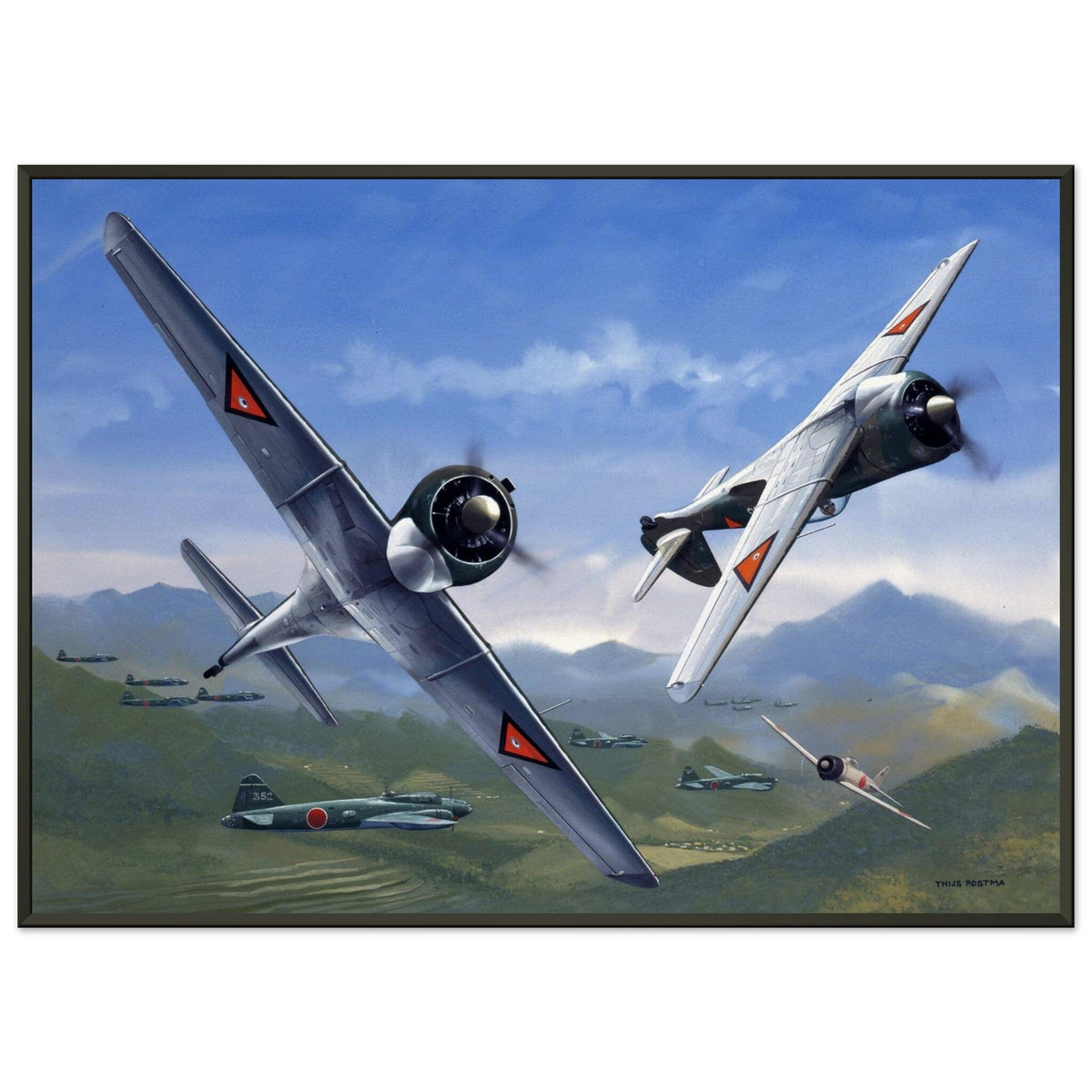 Thijs Postma - Poster - Curtiss-Wright CW-21 Demon Interceptors Hitting Japanese - Metal Frame Poster - Metal Frame TP Aviation Art 50x70 cm / 20x28″ 