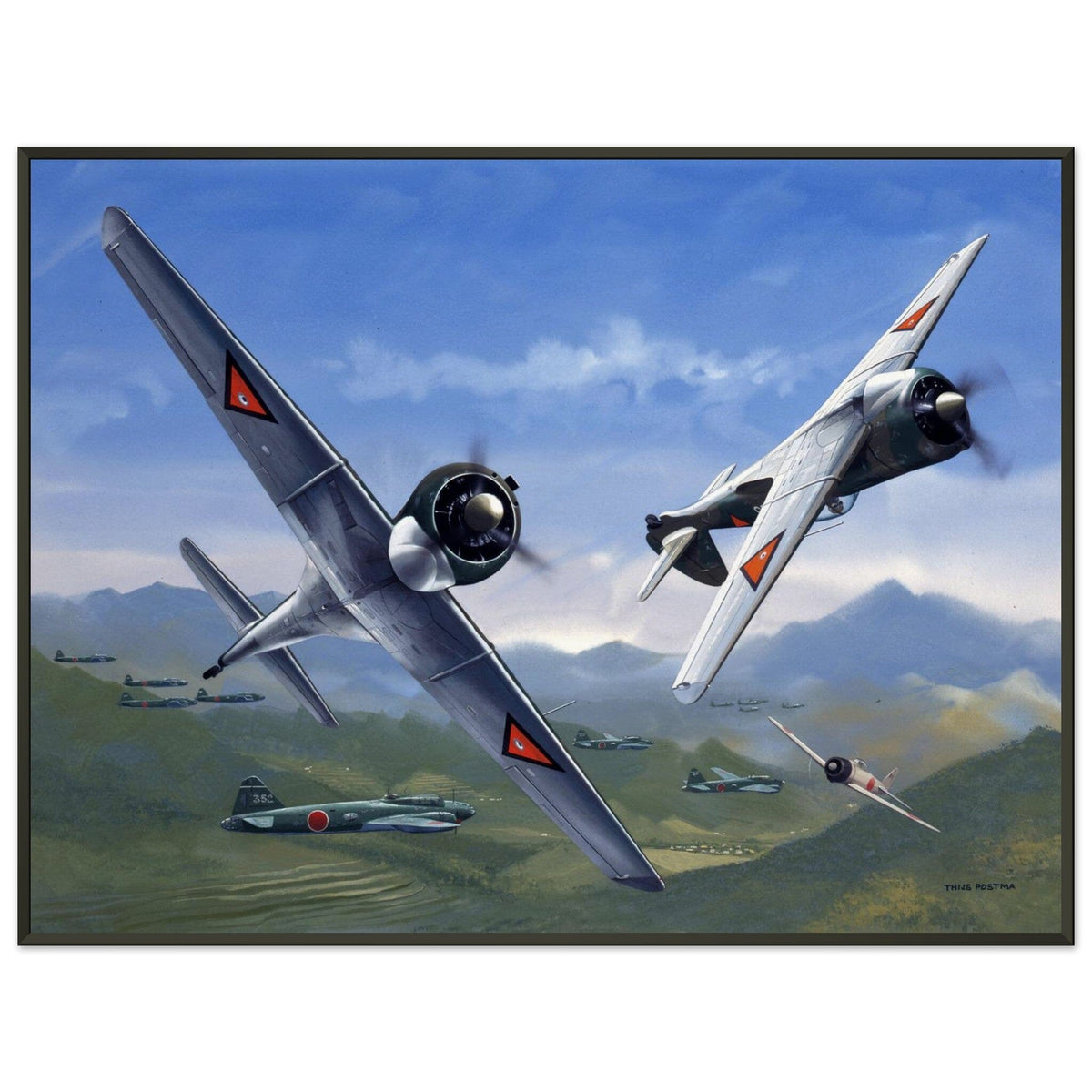 Thijs Postma - Poster - Curtiss-Wright CW-21 Demon Interceptors Hitting Japanese - Metal Frame Poster - Metal Frame TP Aviation Art 60x80 cm / 24x32″ 