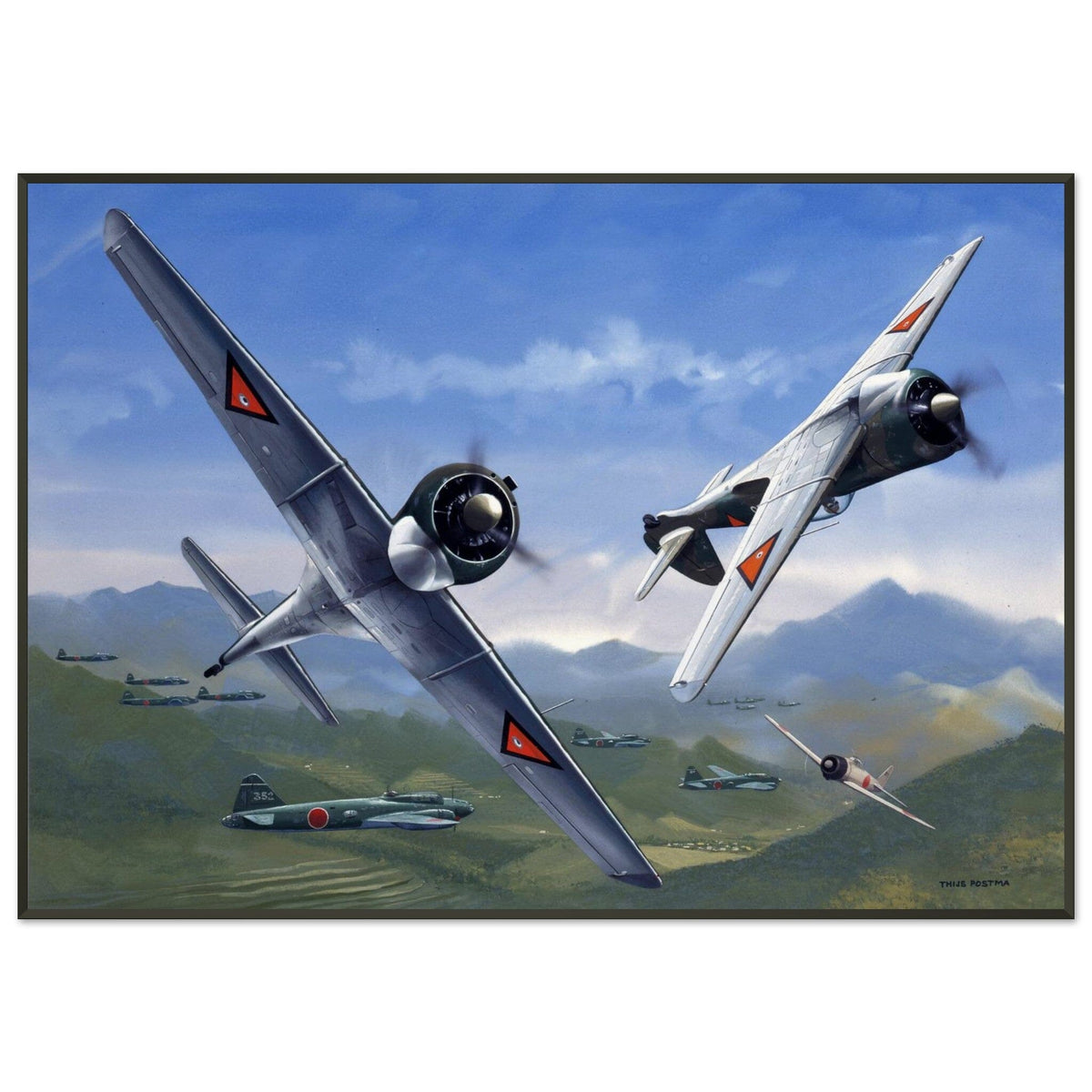 Thijs Postma - Poster - Curtiss-Wright CW-21 Demon Interceptors Hitting Japanese - Metal Frame Poster - Metal Frame TP Aviation Art 70x100 cm / 28x40″ 