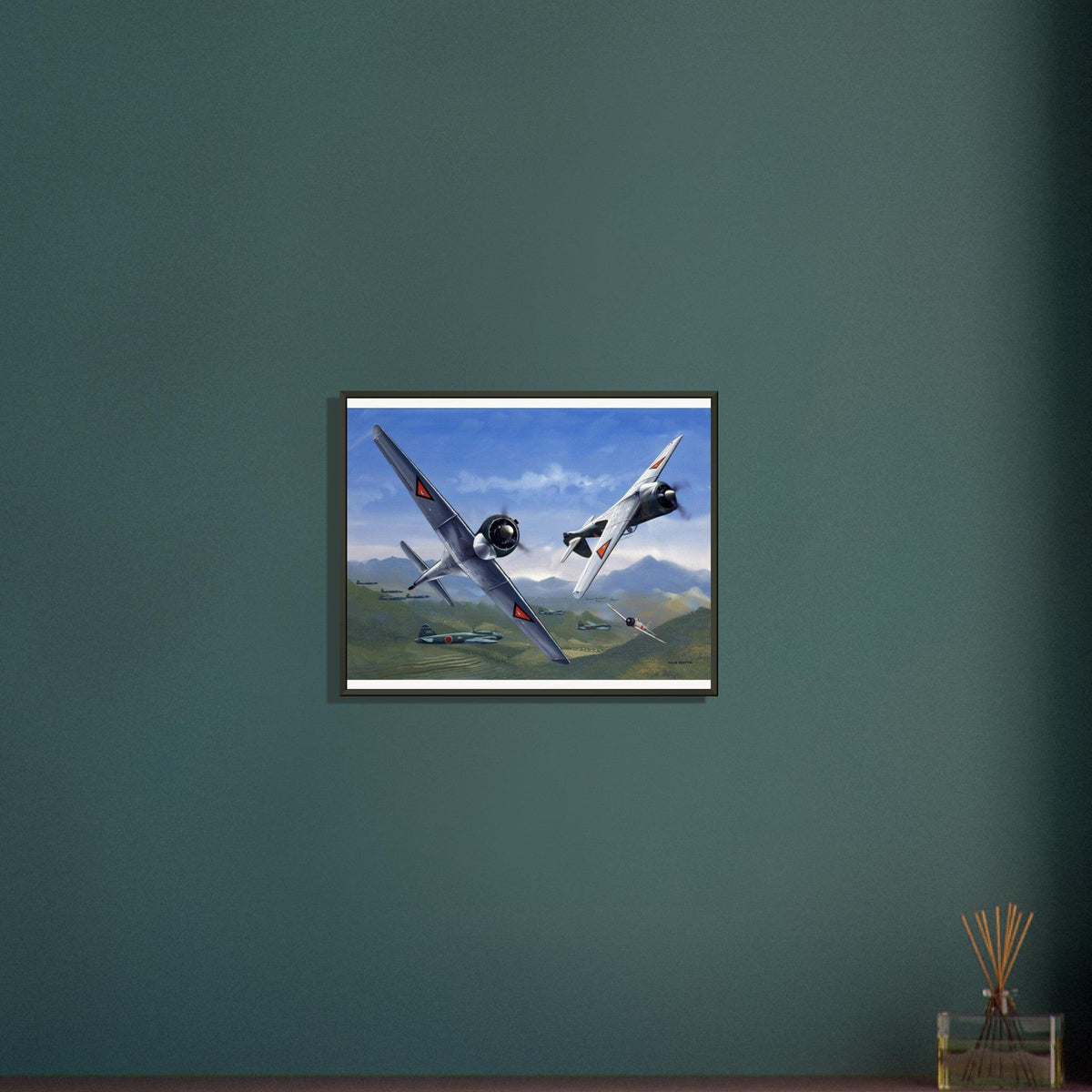 Thijs Postma - Poster - Curtiss-Wright CW-21 Demon Interceptors Hitting Japanese - Metal Frame Poster - Metal Frame TP Aviation Art 