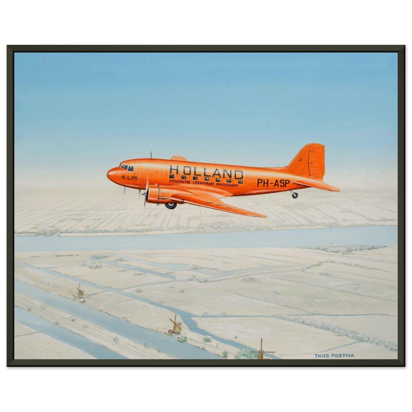 Thijs Postma - Poster - Douglas DC-3 KLM PH-ASP Flying Above The Snow - Metal Frame Poster - Metal Frame TP Aviation Art 40x50 cm / 16x20″ 