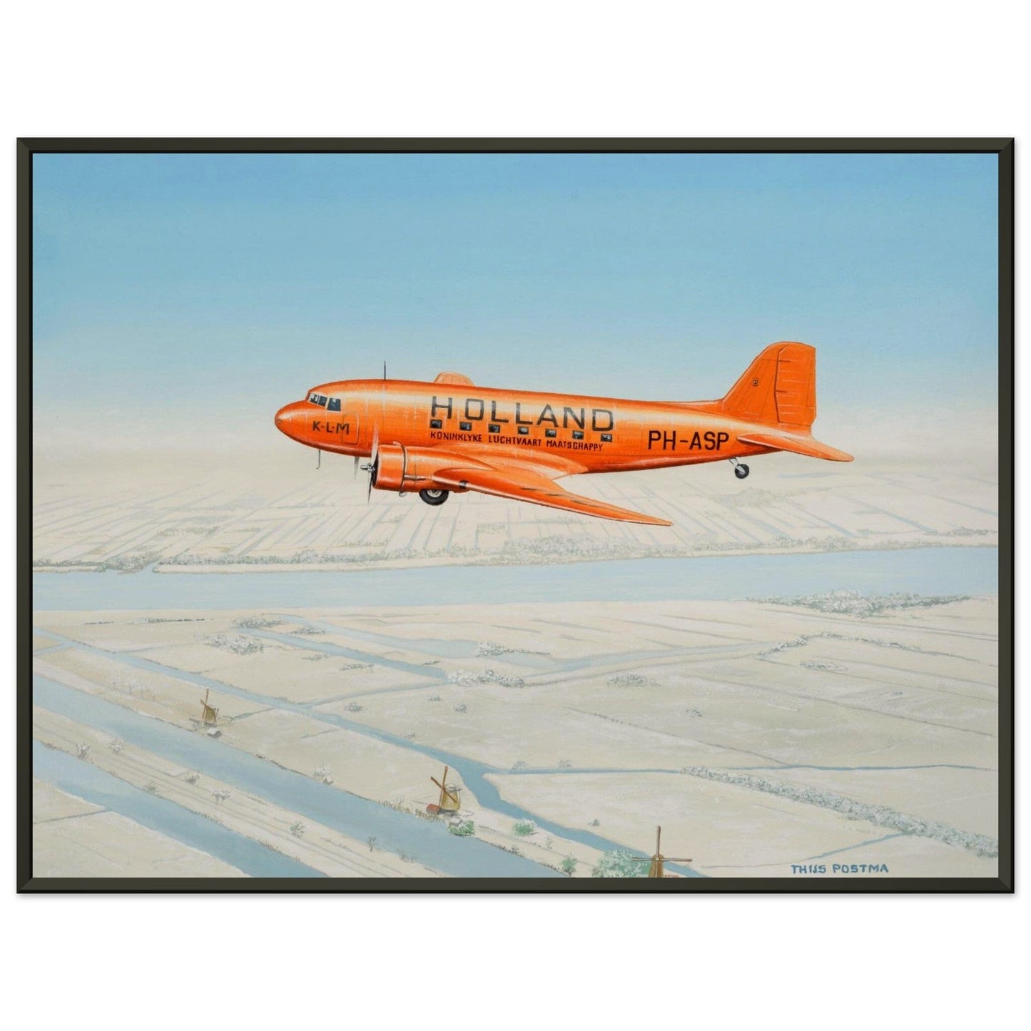Thijs Postma - Poster - Douglas DC-3 KLM PH-ASP Flying Above The Snow - Metal Frame Poster - Metal Frame TP Aviation Art 45x60 cm / 18x24″ 