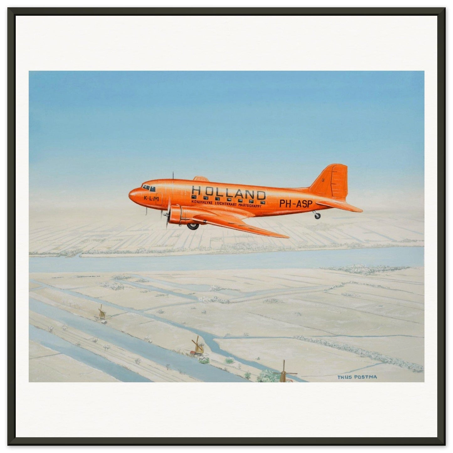 Thijs Postma - Poster - Douglas DC-3 KLM PH-ASP Flying Above The Snow - Metal Frame Poster - Metal Frame TP Aviation Art 50x50 cm / 20x20″ 