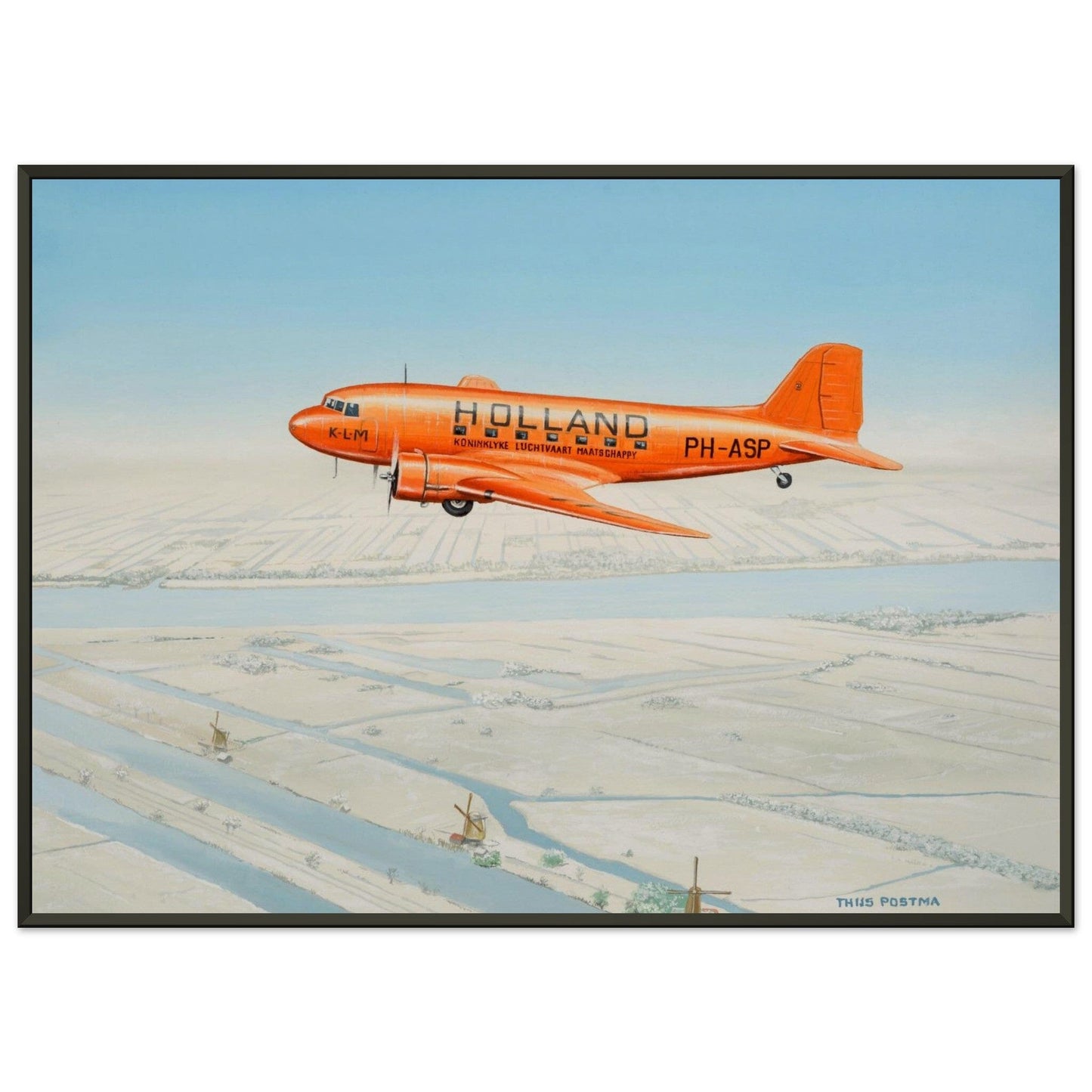 Thijs Postma - Poster - Douglas DC-3 KLM PH-ASP Flying Above The Snow - Metal Frame Poster - Metal Frame TP Aviation Art 50x70 cm / 20x28″ 