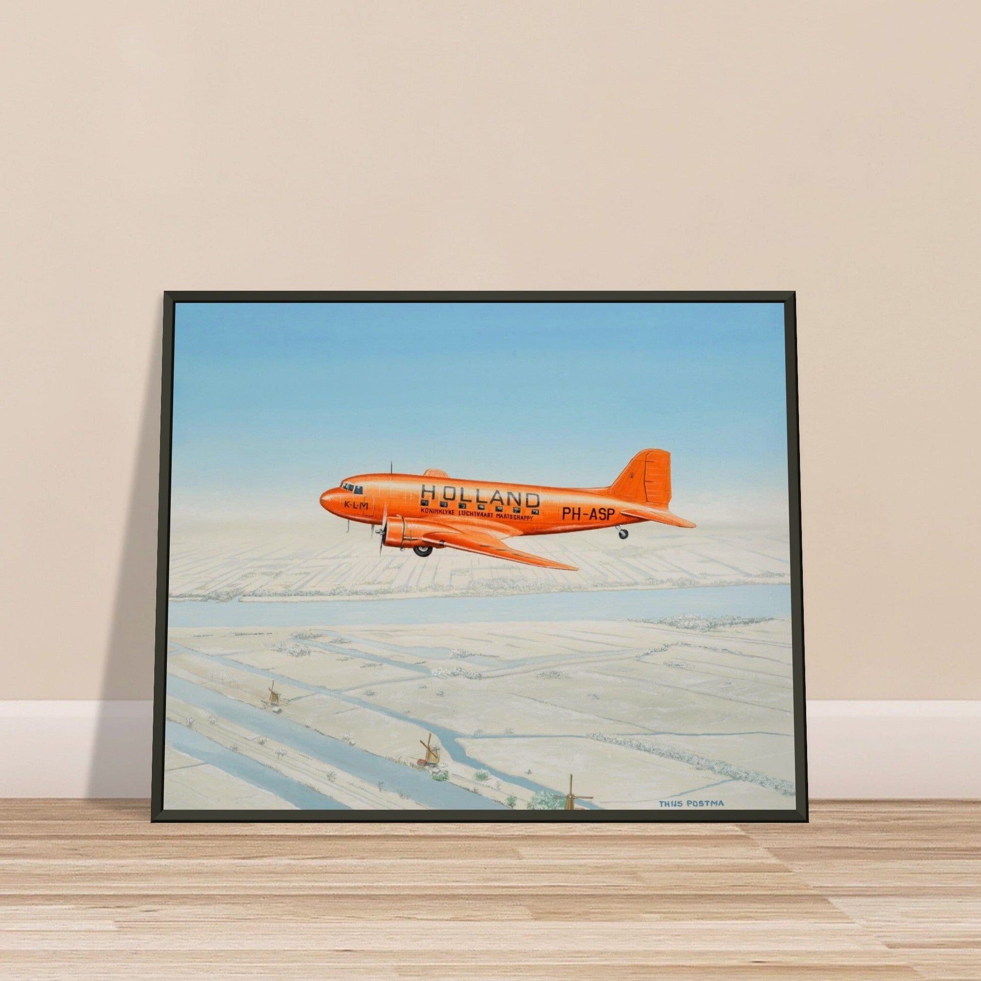 Thijs Postma - Poster - Douglas DC-3 KLM PH-ASP Flying Above The Snow - Metal Frame Poster - Metal Frame TP Aviation Art 