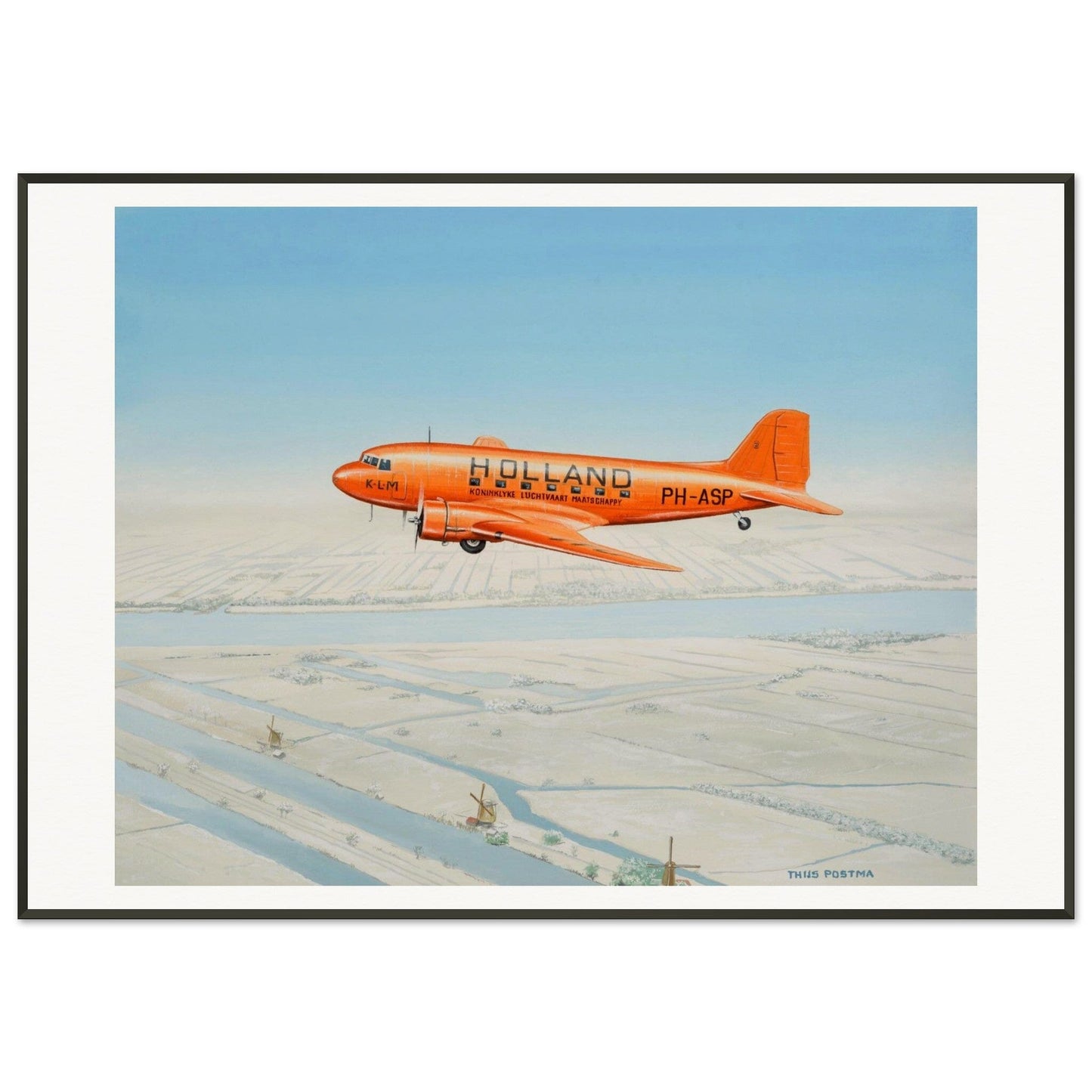 Thijs Postma - Poster - Douglas DC-3 KLM PH-ASP Flying Above The Snow - Metal Frame Poster - Metal Frame TP Aviation Art 70x100 cm / 28x40″ 