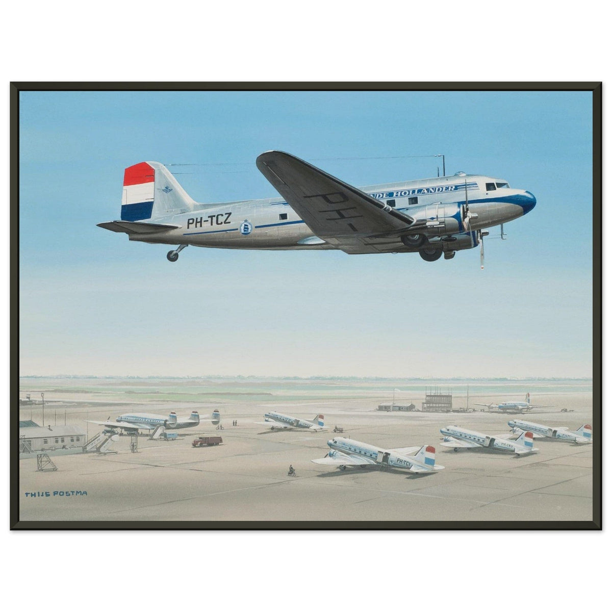 Thijs Postma - Poster - Douglas DC-3 KLM PH-TCZ Low Pass - Metal Frame Poster - Metal Frame TP Aviation Art 45x60 cm / 18x24″ 