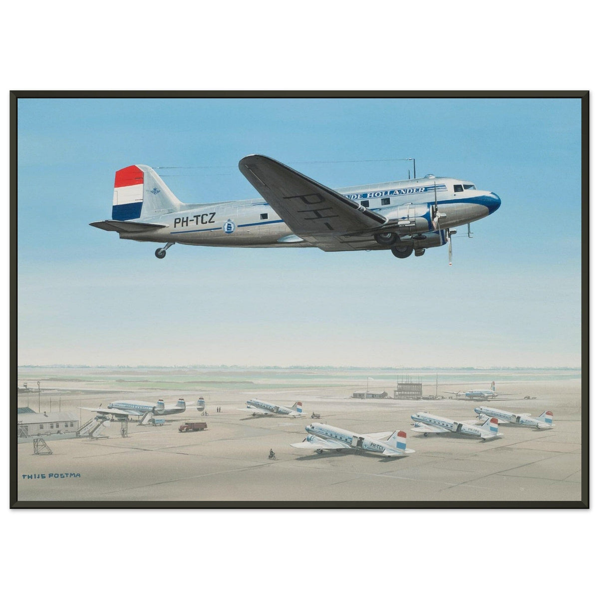Thijs Postma - Poster - Douglas DC-3 KLM PH-TCZ Low Pass - Metal Frame Poster - Metal Frame TP Aviation Art 50x70 cm / 20x28″ 