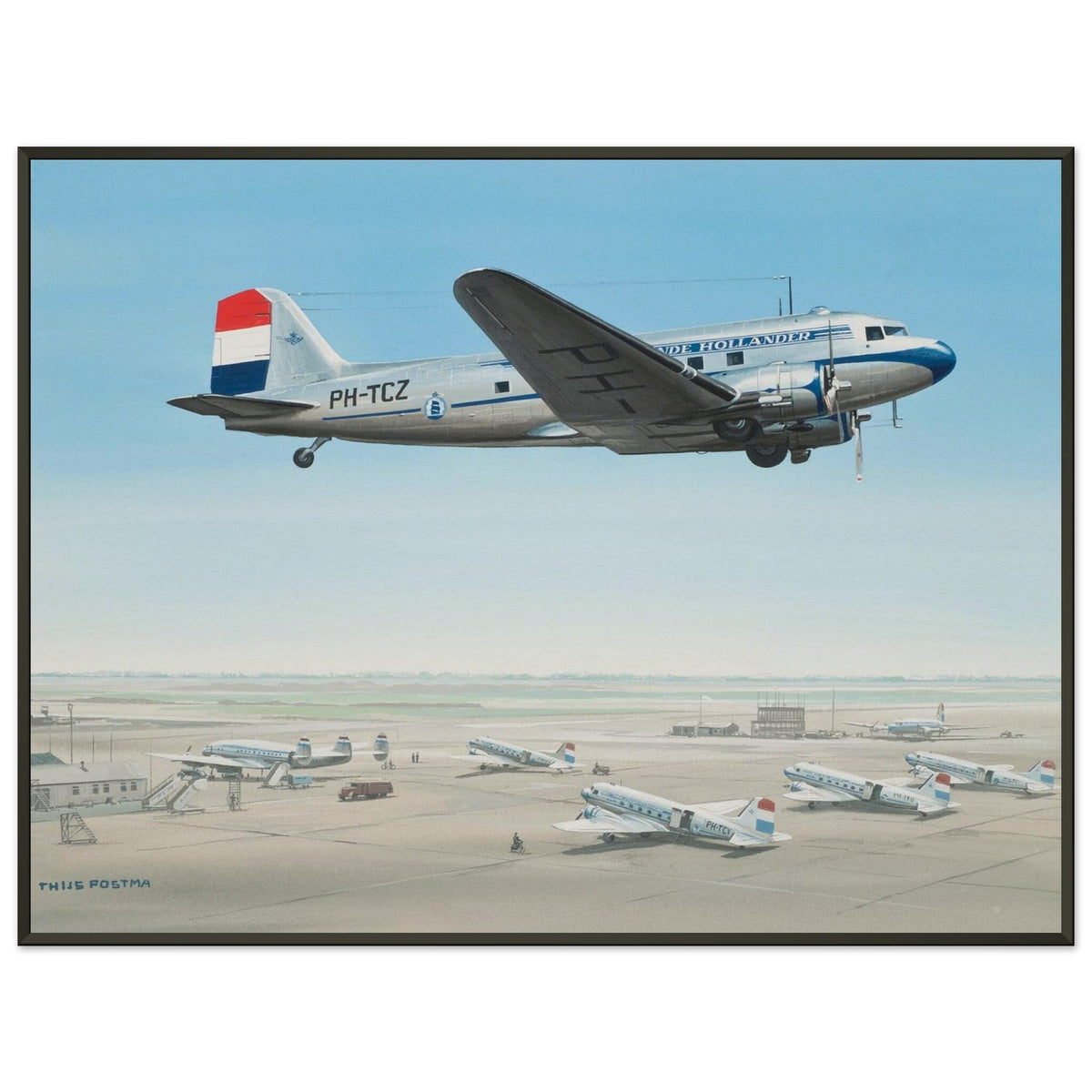 Thijs Postma - Poster - Douglas DC-3 KLM PH-TCZ Low Pass - Metal Frame Poster - Metal Frame TP Aviation Art 60x80 cm / 24x32″ 