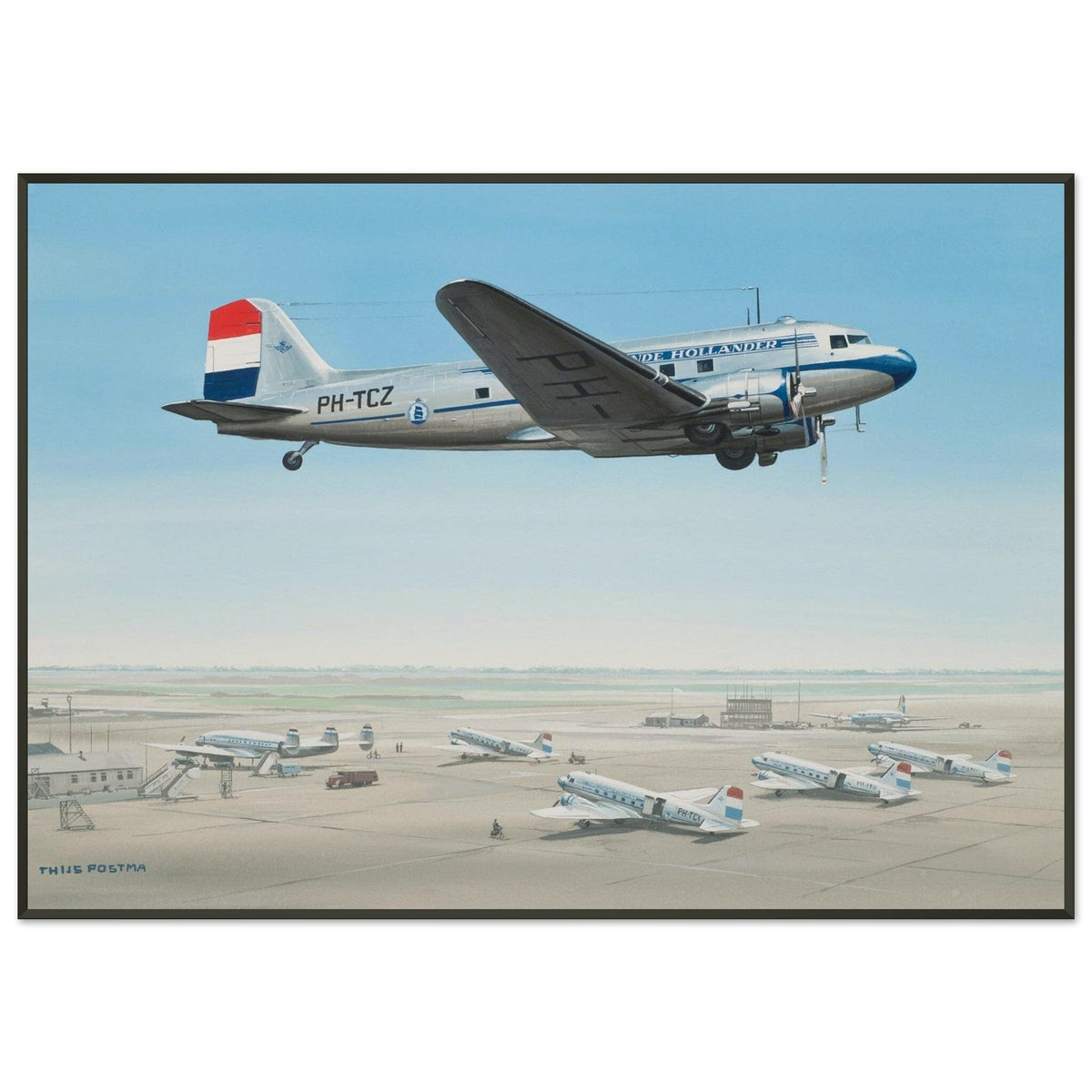 Thijs Postma - Poster - Douglas DC-3 KLM PH-TCZ Low Pass - Metal Frame Poster - Metal Frame TP Aviation Art 70x100 cm / 28x40″ 
