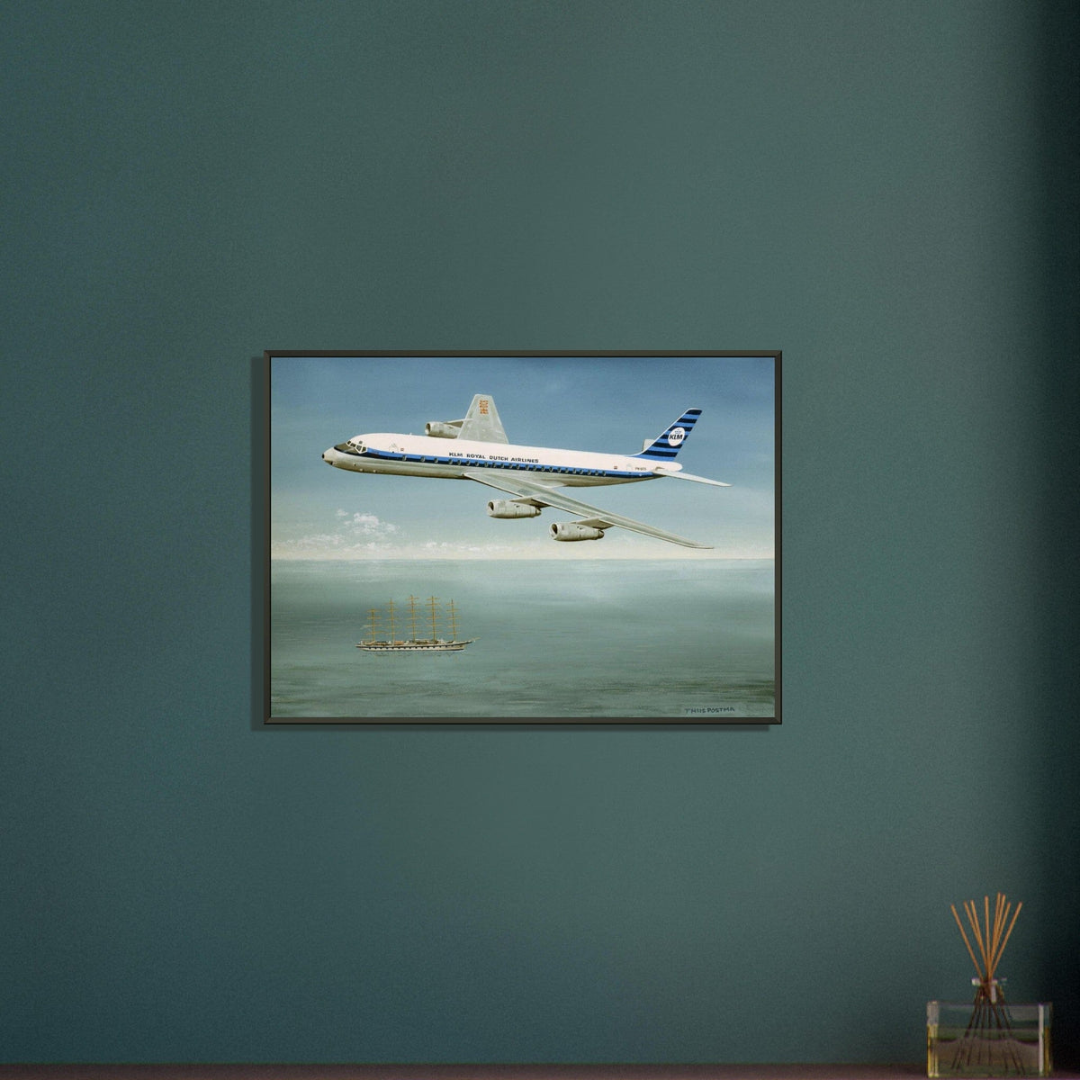 Thijs Postma - Poster - Douglas DC-8 PH-DCS Above Sailing Ship - Metal Frame Poster - Metal Frame TP Aviation Art 