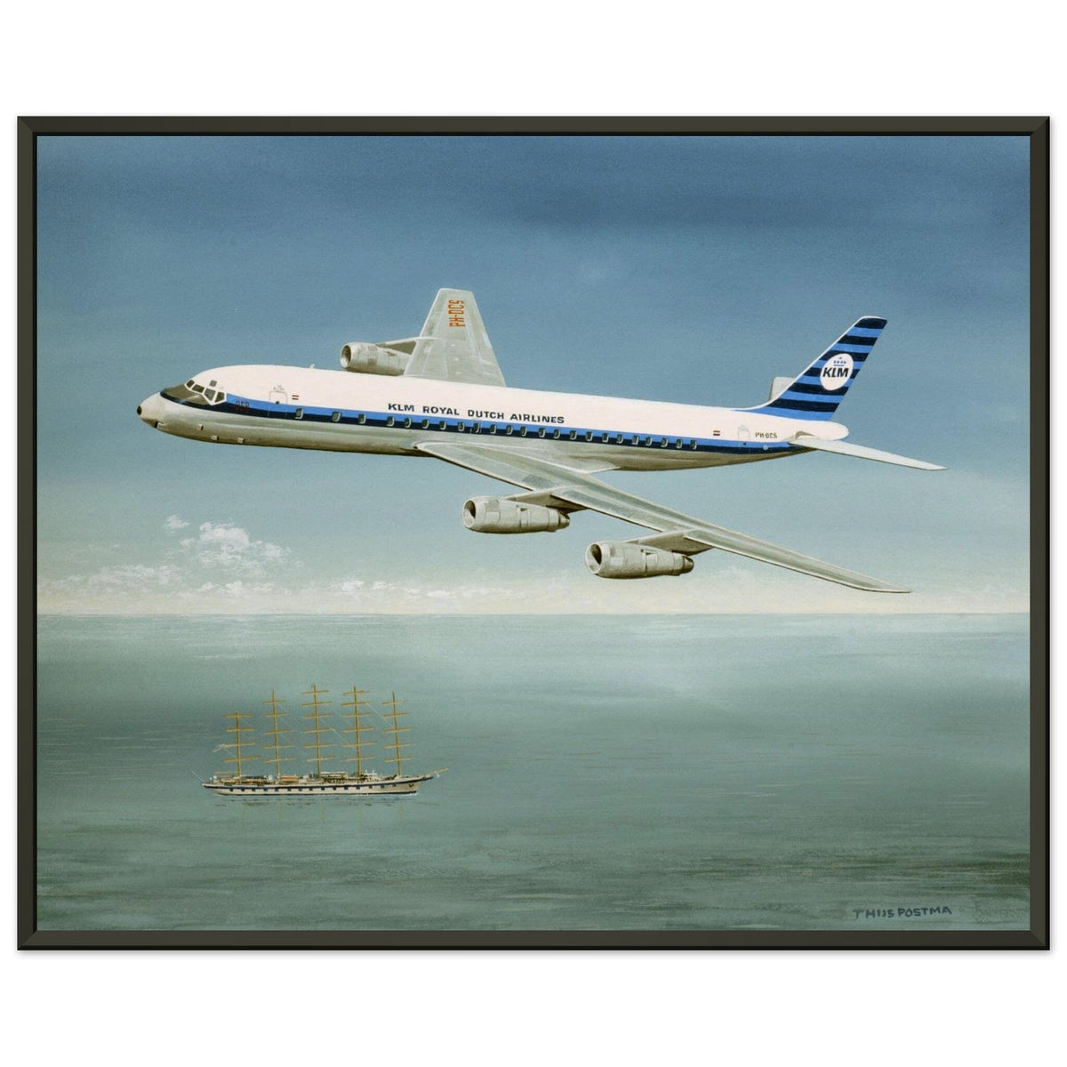 Thijs Postma - Poster - Douglas DC-8 PH-DCS Above Sailing Ship - Metal Frame Poster - Metal Frame TP Aviation Art 40x50 cm / 16x20″ 