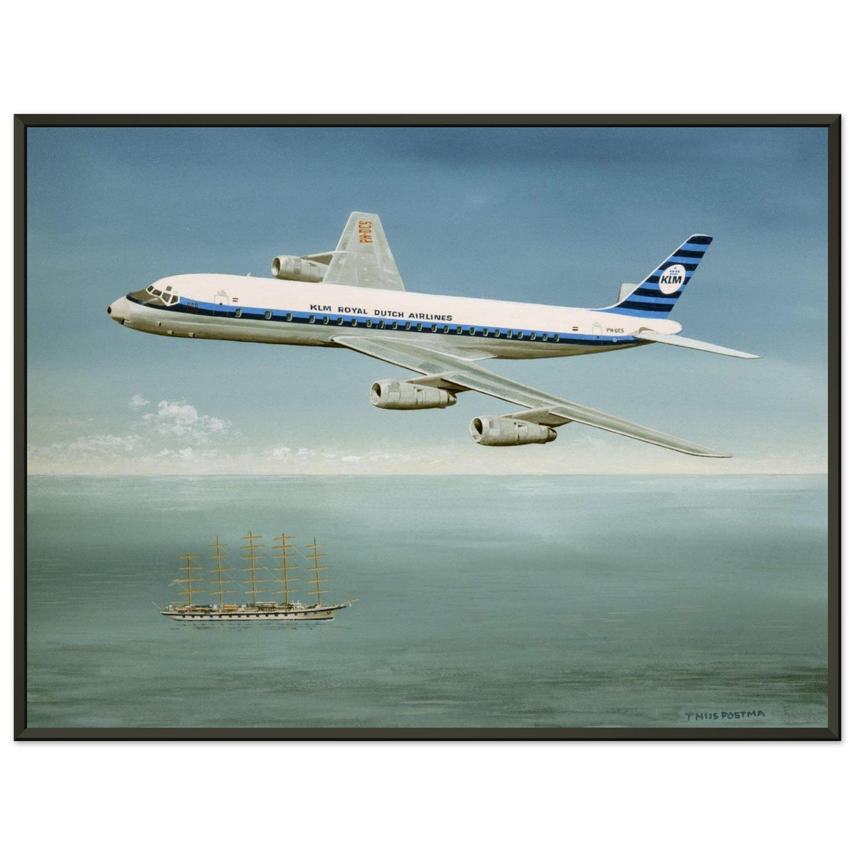 Thijs Postma - Poster - Douglas DC-8 PH-DCS Above Sailing Ship - Metal Frame Poster - Metal Frame TP Aviation Art 45x60 cm / 18x24″ 