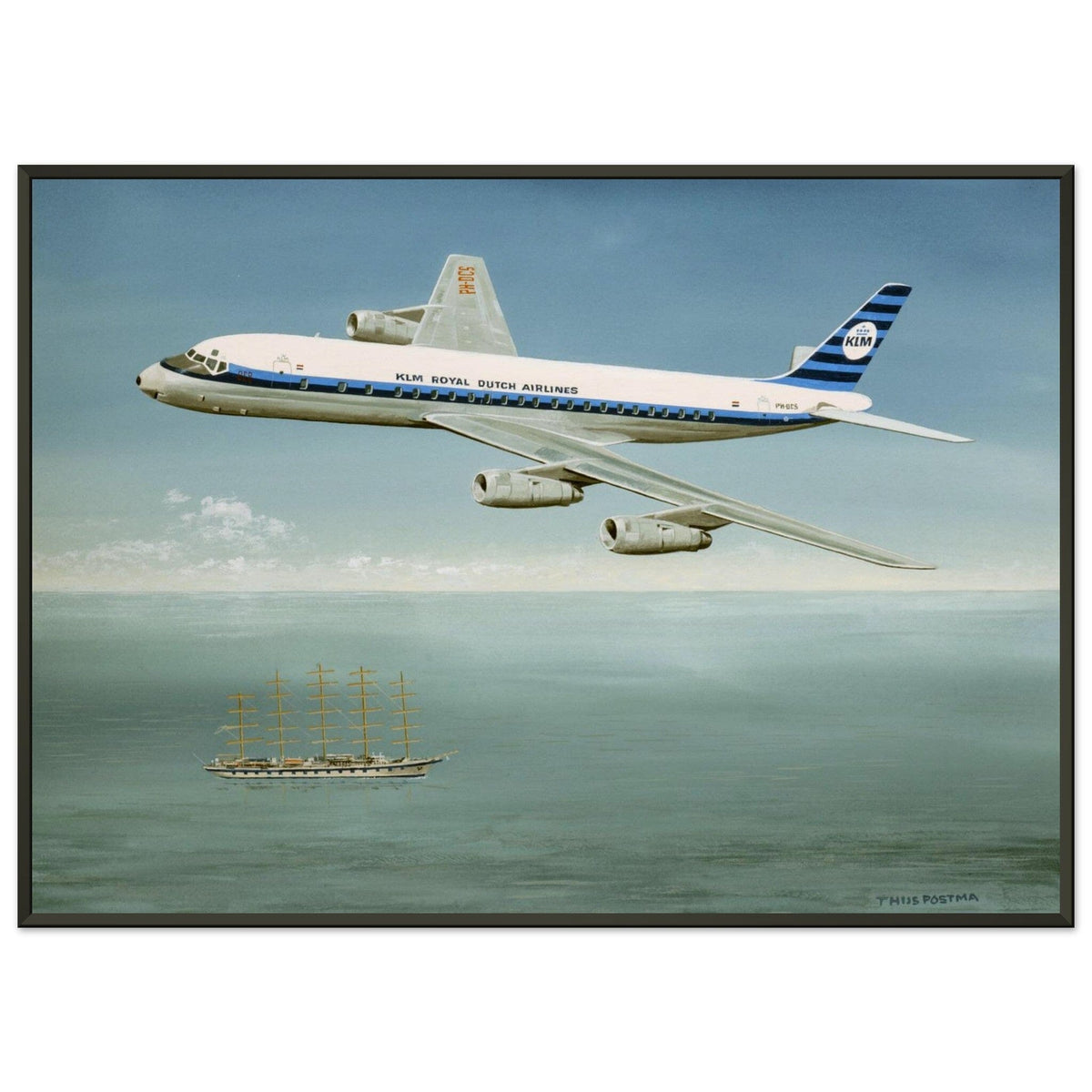 Thijs Postma - Poster - Douglas DC-8 PH-DCS Above Sailing Ship - Metal Frame Poster - Metal Frame TP Aviation Art 50x70 cm / 20x28″ 