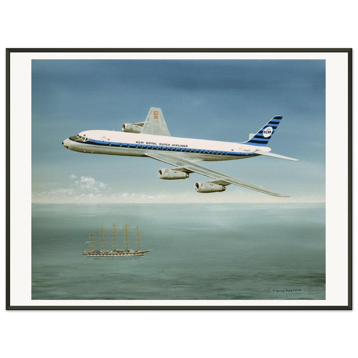 Thijs Postma - Poster - Douglas DC-8 PH-DCS Above Sailing Ship - Metal Frame Poster - Metal Frame TP Aviation Art 60x80 cm / 24x32″ 