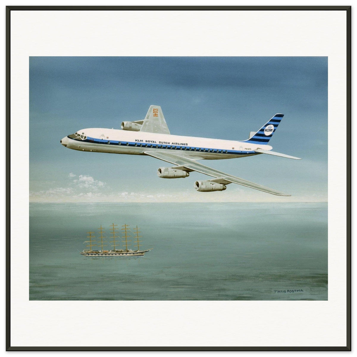 Thijs Postma - Poster - Douglas DC-8 PH-DCS Above Sailing Ship - Metal Frame Poster - Metal Frame TP Aviation Art 70x70 cm / 28x28″ 