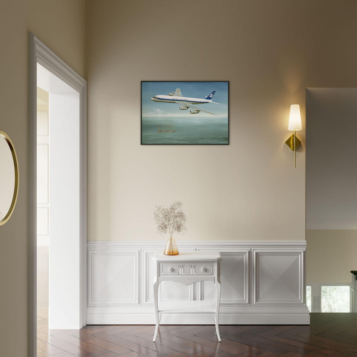 Thijs Postma - Poster - Douglas DC-8 PH-DCS Above Sailing Ship - Metal Frame Poster - Metal Frame TP Aviation Art 