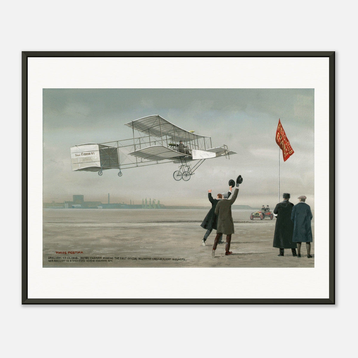 Thijs Postma - Poster - Farman No.1 First Flight Of One Kilometer Over Europe - Metal Frame Poster - Metal Frame TP Aviation Art 40x50 cm / 16x20″ 
