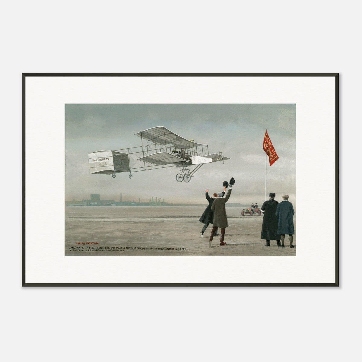 Thijs Postma - Poster - Farman No.1 First Flight Of One Kilometer Over Europe - Metal Frame Poster - Metal Frame TP Aviation Art 60x90 cm / 24x36″ 