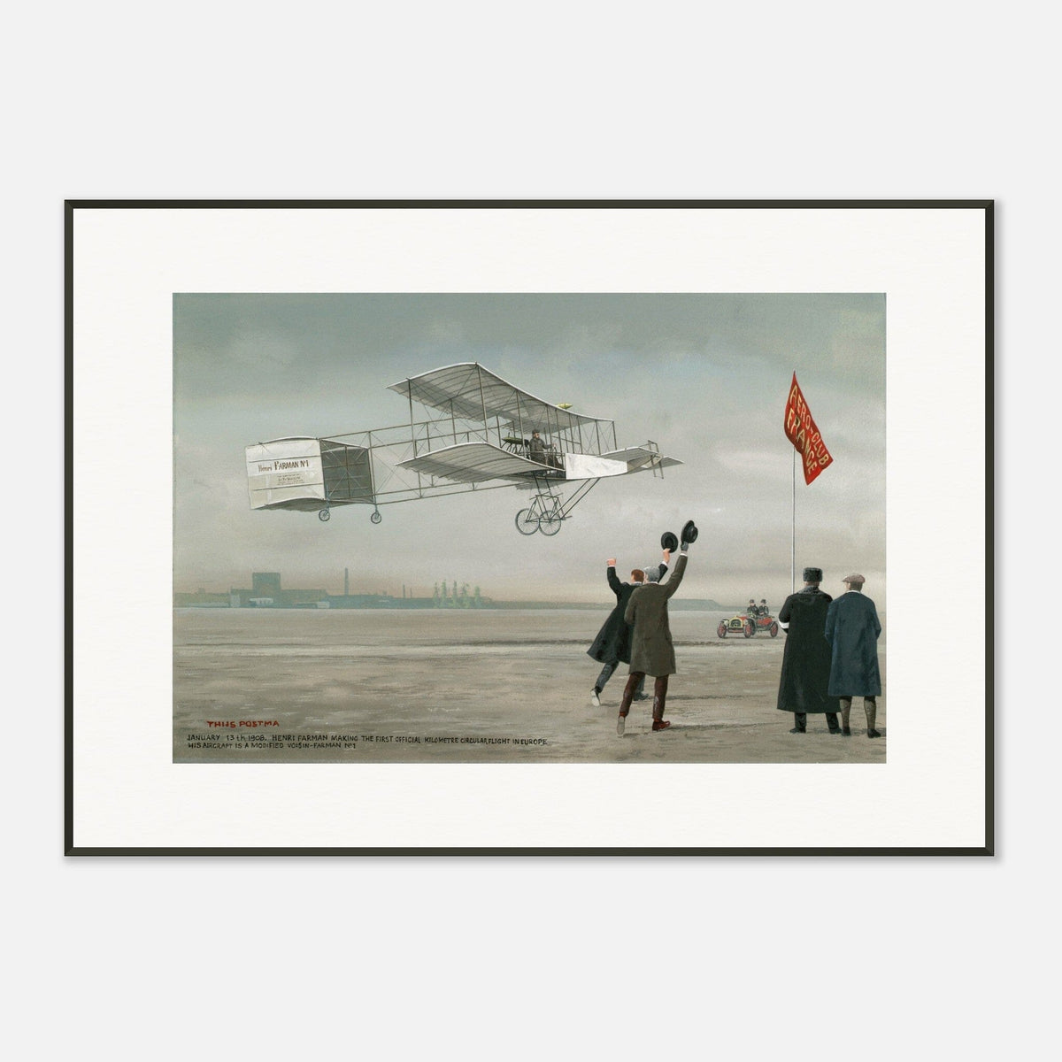 Thijs Postma - Poster - Farman No.1 First Flight Of One Kilometer Over Europe - Metal Frame Poster - Metal Frame TP Aviation Art 70x100 cm / 28x40″ 