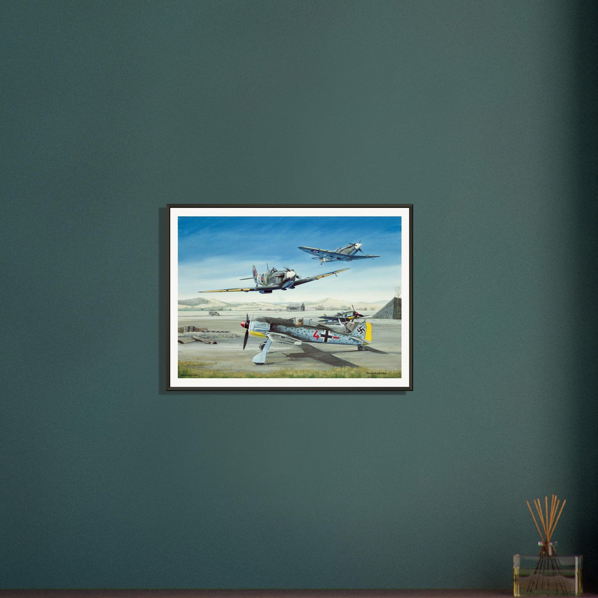 Thijs Postma - Poster - Focke-Wulf Fw 190 With Unexpected Visitors of Spitfires - Metal Frame Poster - Metal Frame TP Aviation Art 