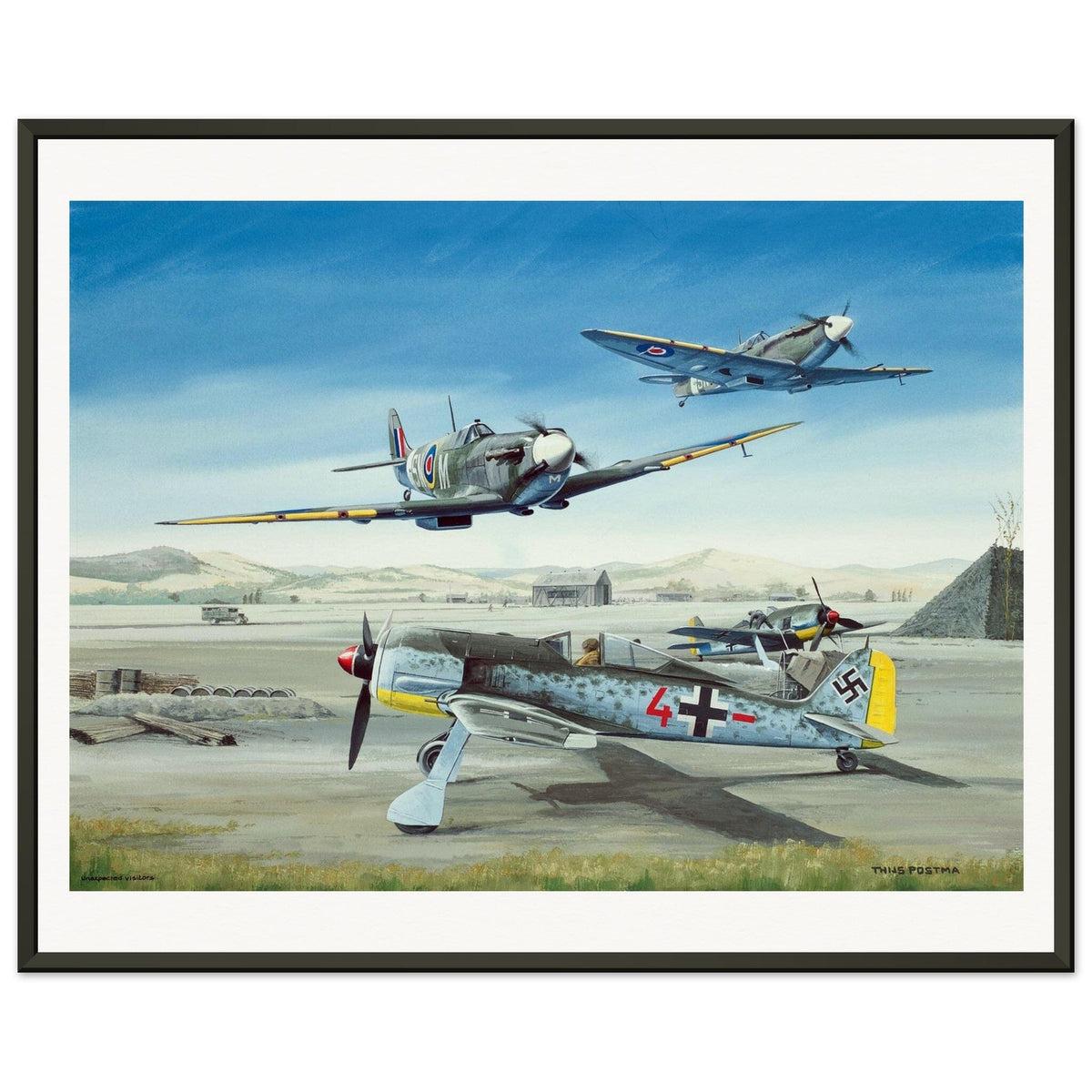 Thijs Postma - Poster - Focke-Wulf Fw 190 With Unexpected Visitors of Spitfires - Metal Frame Poster - Metal Frame TP Aviation Art 40x50 cm / 16x20″ 