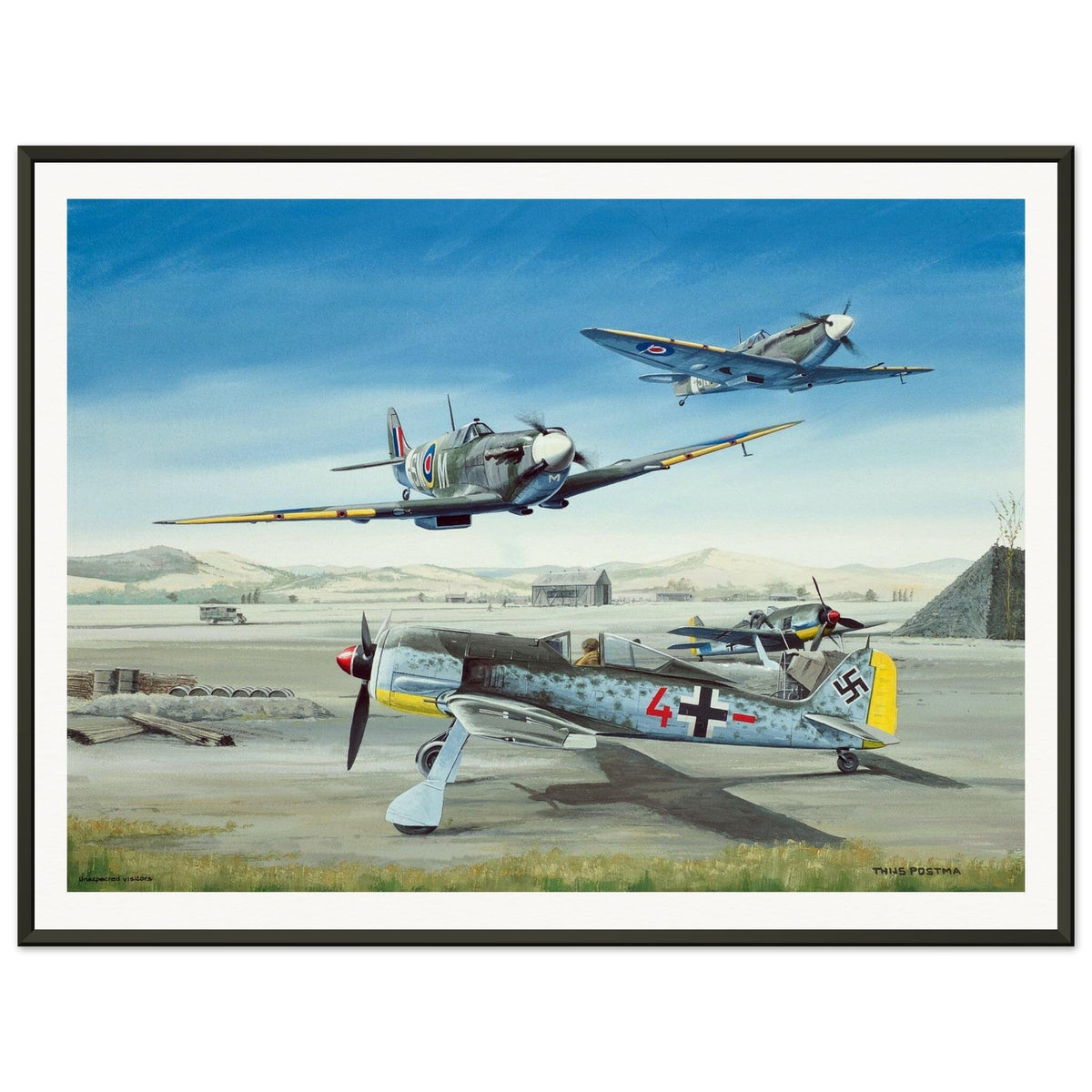 Thijs Postma - Poster - Focke-Wulf Fw 190 With Unexpected Visitors of Spitfires - Metal Frame Poster - Metal Frame TP Aviation Art 45x60 cm / 18x24″ 