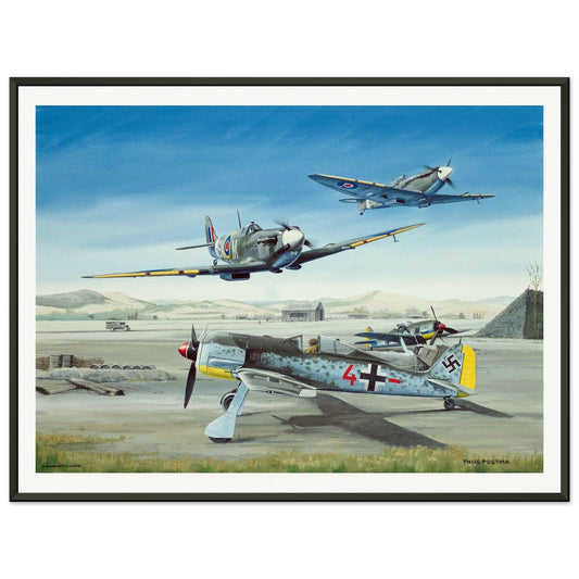 Thijs Postma - Poster - Focke-Wulf Fw 190 With Unexpected Visitors of Spitfires - Metal Frame Poster - Metal Frame TP Aviation Art 45x60 cm / 18x24″ 