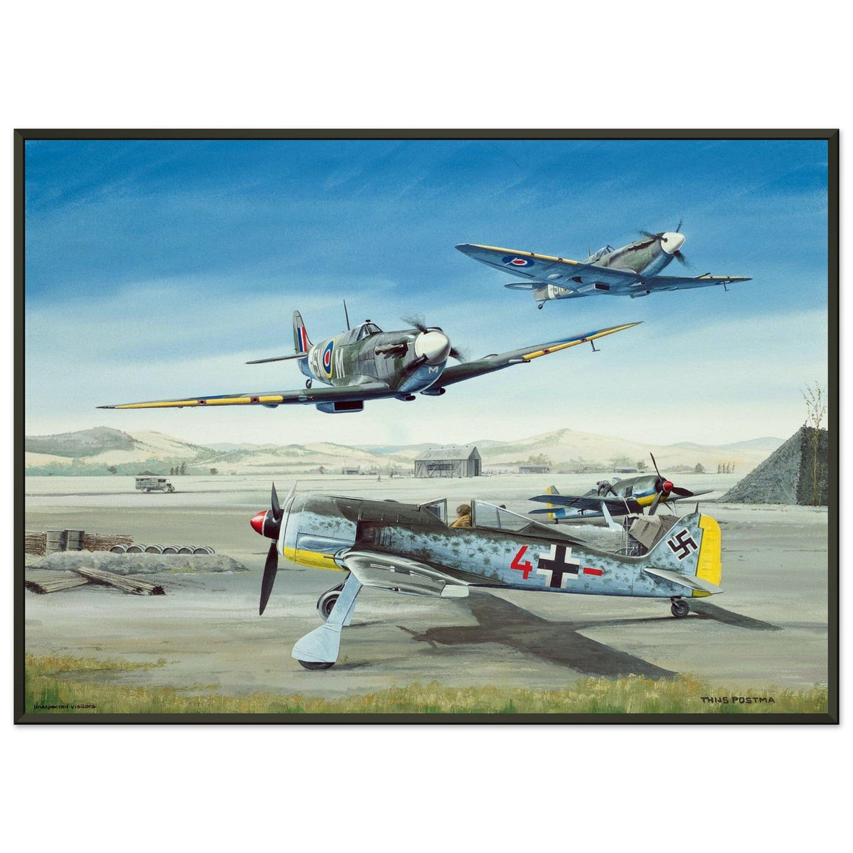 Thijs Postma - Poster - Focke-Wulf Fw 190 With Unexpected Visitors of Spitfires - Metal Frame Poster - Metal Frame TP Aviation Art 50x70 cm / 20x28″ 