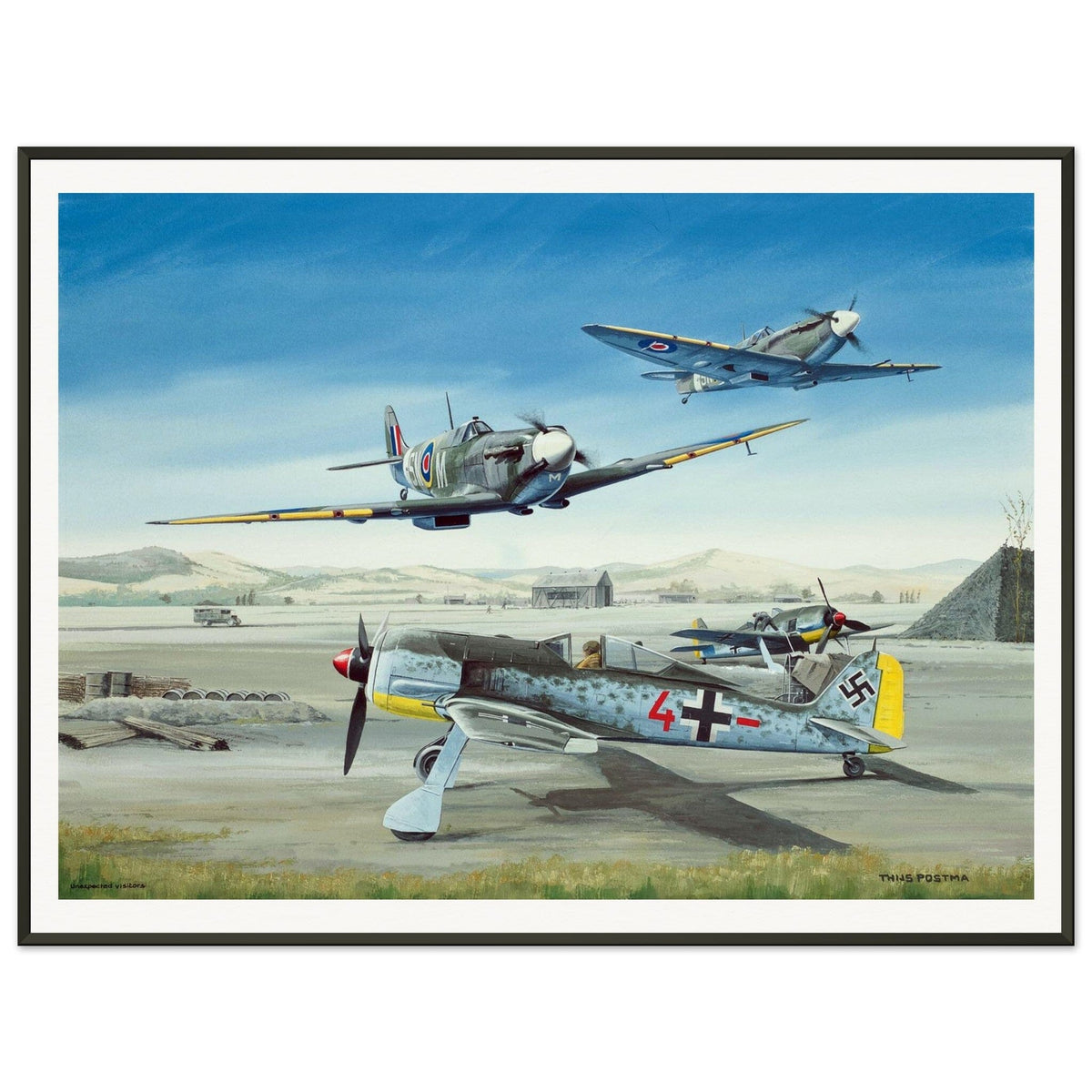 Thijs Postma - Poster - Focke-Wulf Fw 190 With Unexpected Visitors of Spitfires - Metal Frame Poster - Metal Frame TP Aviation Art 60x80 cm / 24x32″ 
