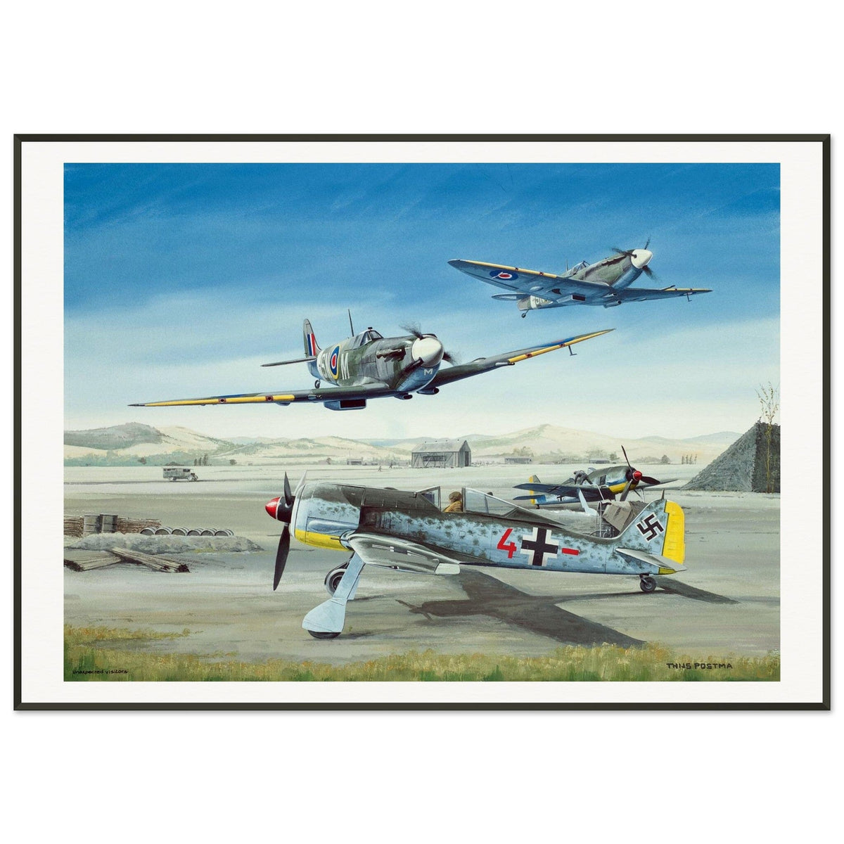 Thijs Postma - Poster - Focke-Wulf Fw 190 With Unexpected Visitors of Spitfires - Metal Frame Poster - Metal Frame TP Aviation Art 70x100 cm / 28x40″ 