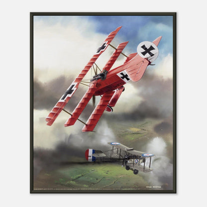 Thijs Postma - Poster - Fokker Dr.I Shooting Down A De Havilland DH.2 In 1916 - Metal Frame Poster - Metal Frame TP Aviation Art 40x50 cm / 16x20″ 