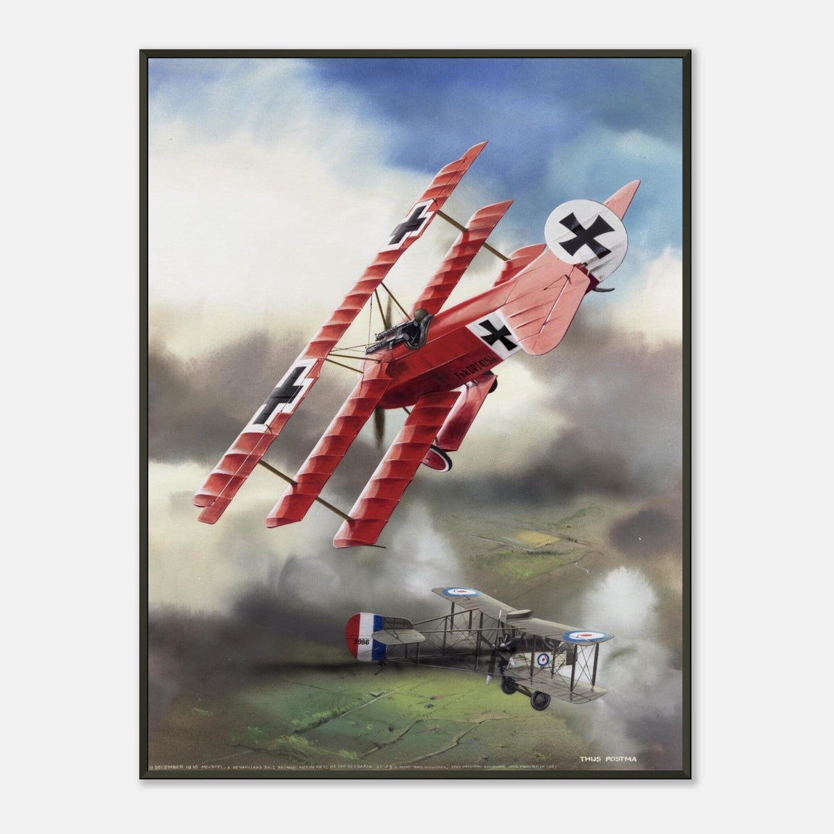 Thijs Postma - Poster - Fokker Dr.I Shooting Down A De Havilland DH.2 In 1916 - Metal Frame Poster - Metal Frame TP Aviation Art 60x80 cm / 24x32″ 