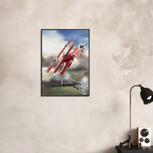 Thijs Postma - Poster - Fokker Dr.I Shooting Down A De Havilland DH.2 In 1916 - Metal Frame Poster - Metal Frame TP Aviation Art 