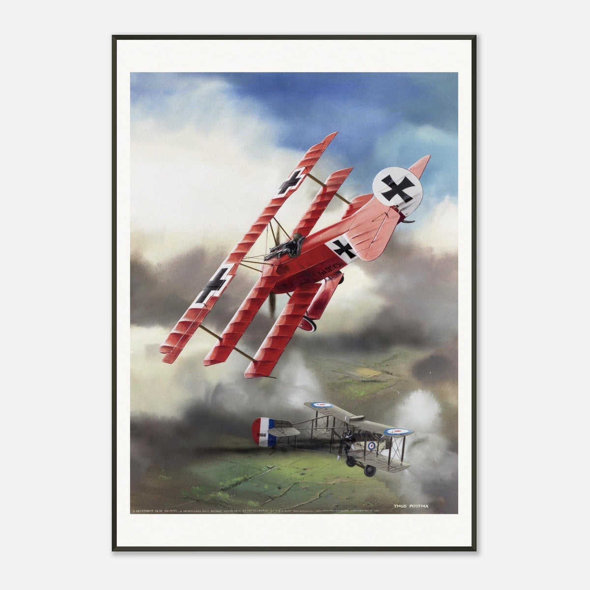 Thijs Postma - Poster - Fokker Dr.I Shooting Down A De Havilland DH.2 In 1916 - Metal Frame Poster - Metal Frame TP Aviation Art 70x100 cm / 28x40″ 