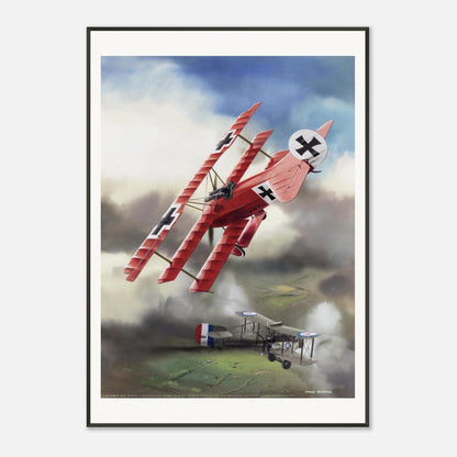Thijs Postma - Poster - Fokker Dr.I Shooting Down A De Havilland DH.2 In 1916 - Metal Frame Poster - Metal Frame TP Aviation Art 70x100 cm / 28x40″ 