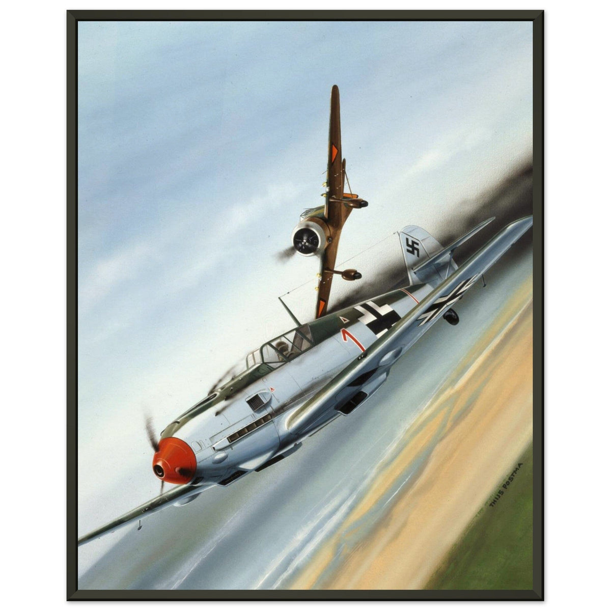 Thijs Postma - Poster - Fokker D.XXI Shoots Down A German Messerschmitt Bf 109 - Metal Frame Poster - Metal Frame TP Aviation Art 40x50 cm / 16x20″ 