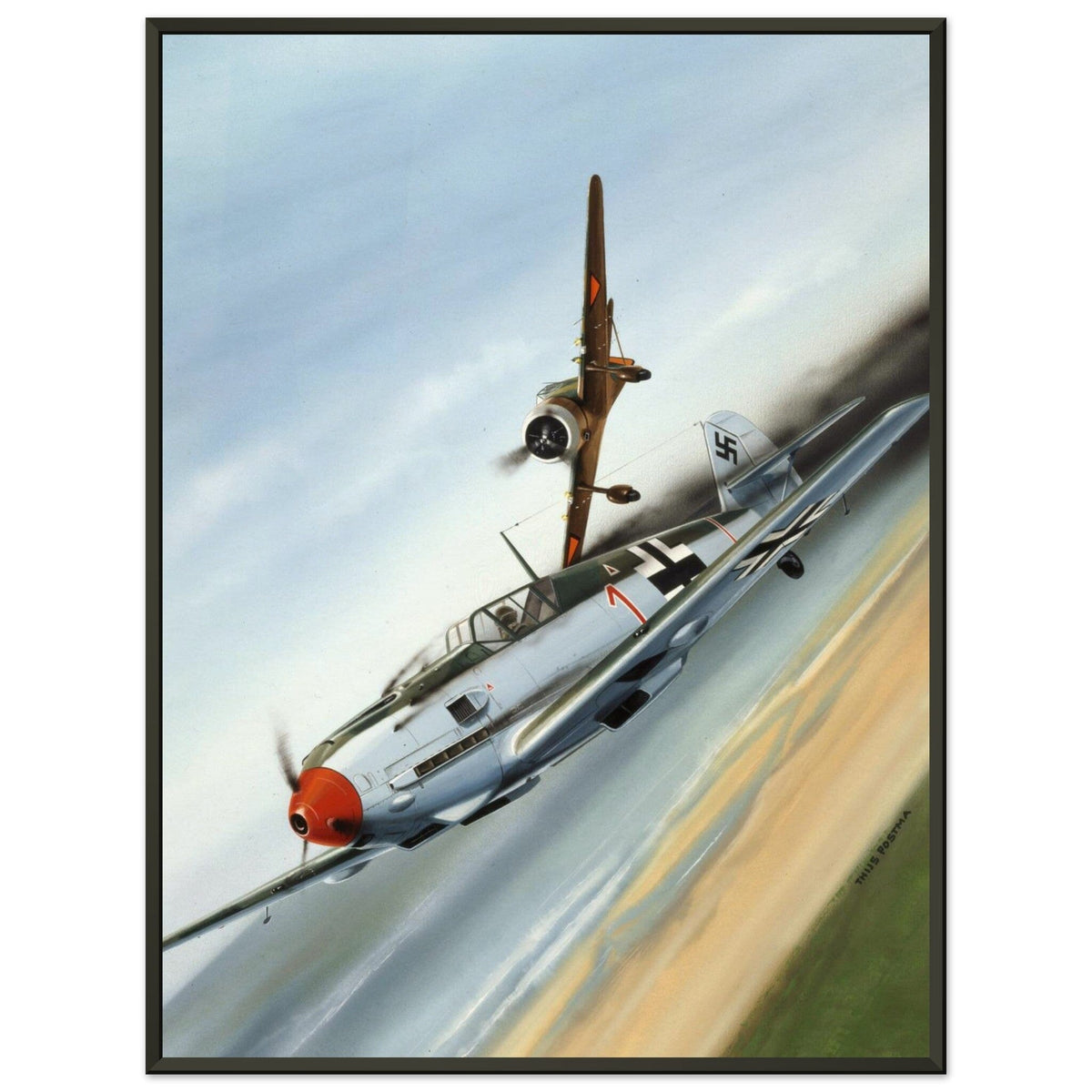 Thijs Postma - Poster - Fokker D.XXI Shoots Down A German Messerschmitt Bf 109 - Metal Frame Poster - Metal Frame TP Aviation Art 45x60 cm / 18x24″ 