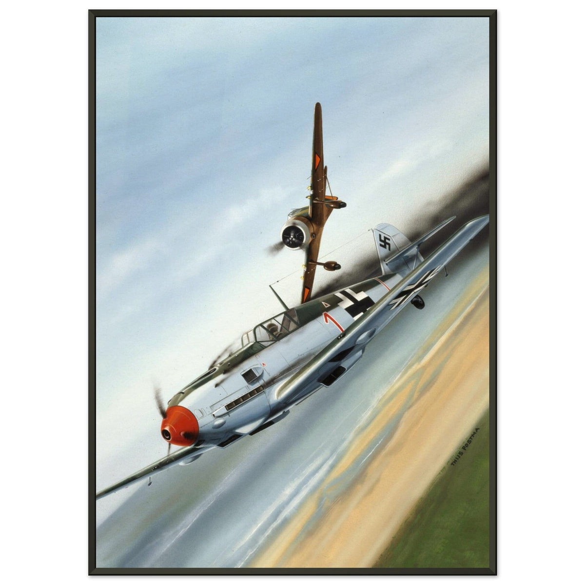 Thijs Postma - Poster - Fokker D.XXI Shoots Down A German Messerschmitt Bf 109 - Metal Frame Poster - Metal Frame TP Aviation Art 50x70 cm / 20x28″ 