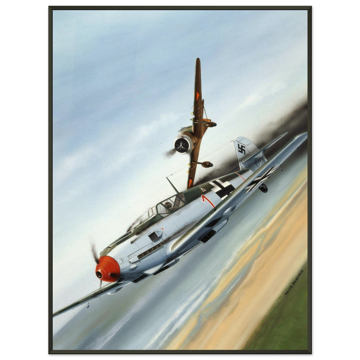 Thijs Postma - Poster - Fokker D.XXI Shoots Down A German Messerschmitt Bf 109 - Metal Frame Poster - Metal Frame TP Aviation Art 60x80 cm / 24x32″ 